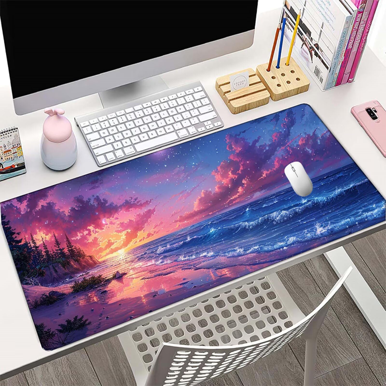 Mar Alfombrilla Ratón XXL 150x80 cm Mouse Pad Grande Gaming Universo Alfombrilla Escritorio Antideslizante, Protector de Mesa para Ordenador y Teclado, Alfombrilla Gamer con Bordes Cosidos W6-507
