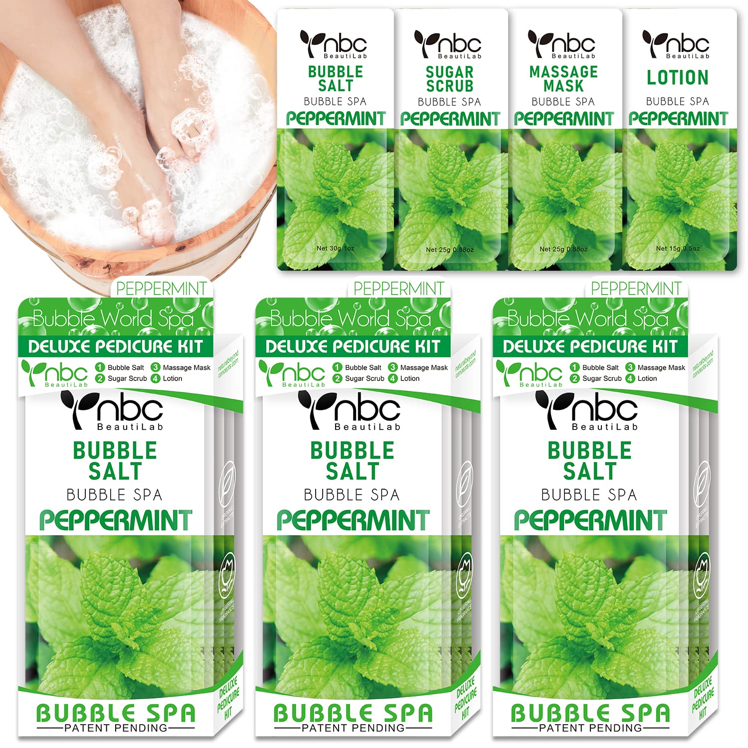 nbc BeautiLabPedicure Spa Foot Bath Soak Set or Dry Cracked, Make Baby Soft Feet 3 Set, Peppermint