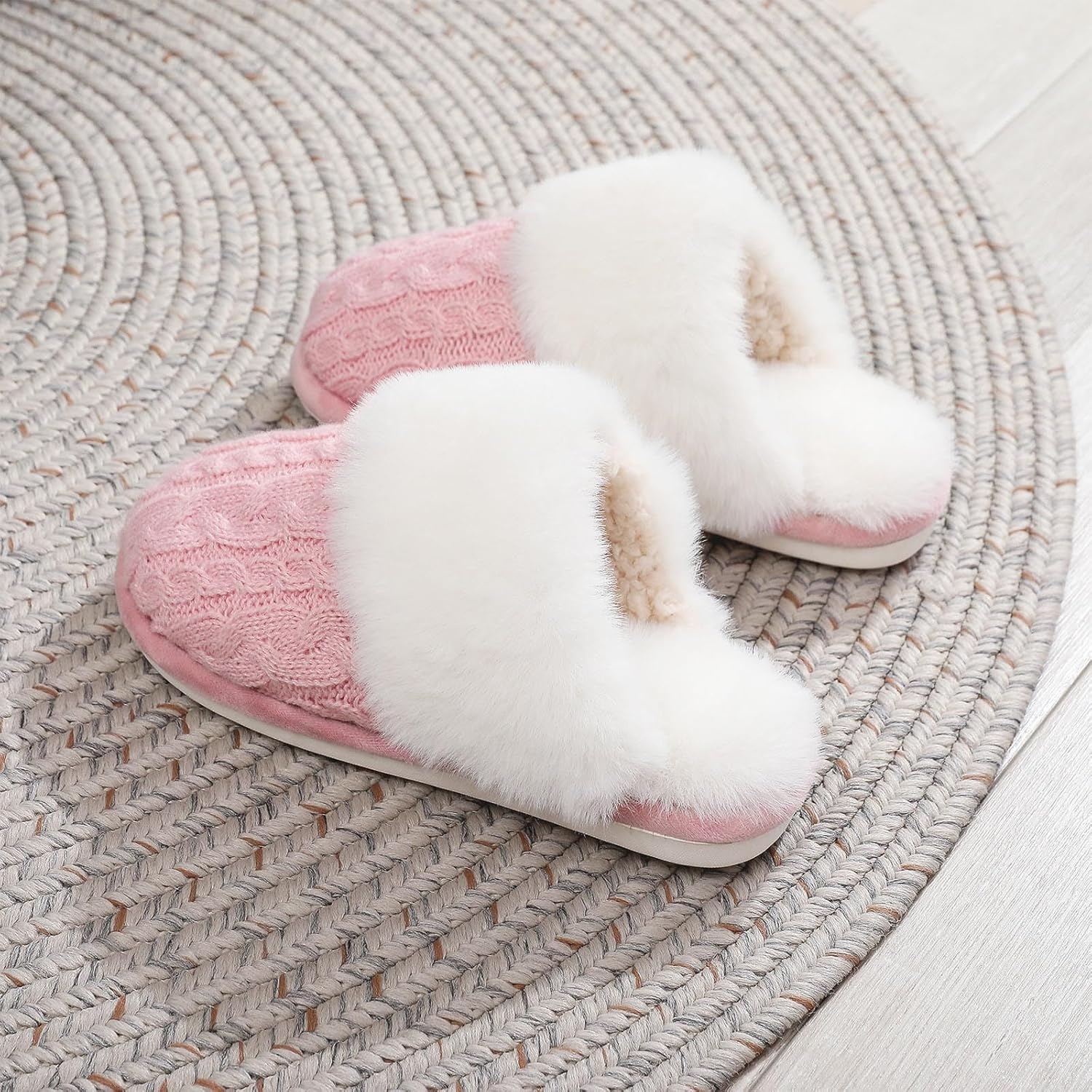 Slippers for Women Cable Knit Fuzzy Slides Warm Cozy Home Winter Shoes Fluffy Faux Fur Lined Slipper Indoor Outdoor - Image 5