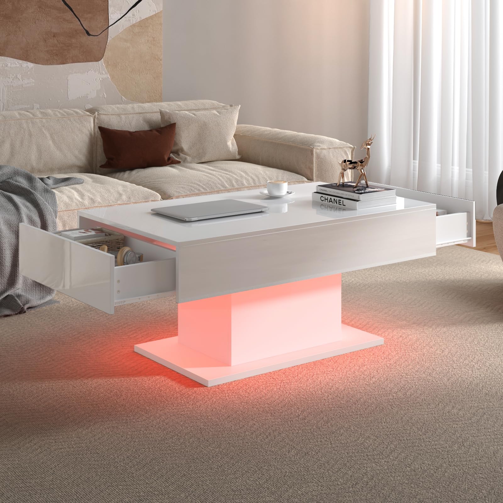 KEEPREAPER White Led Coffee Table with 2 Storage Drawers for Living Room, Living Room Table Rectangular Center Table, Modern High Glossy Wooden Coffee Tables with Lights for Dining Reception Room