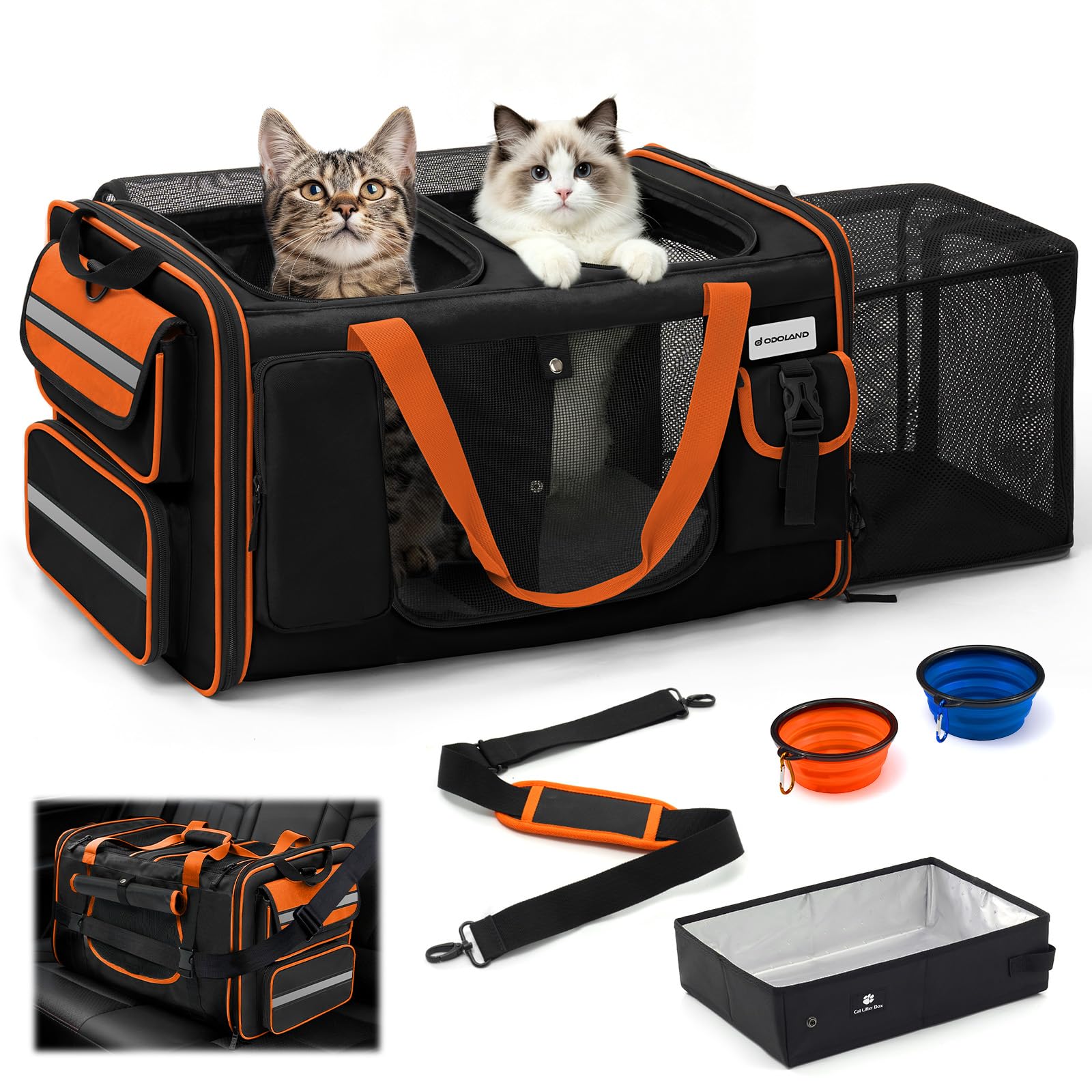 Odoland Extra Large Cat Carriers for 2 Cats Expandable Foldable Cat Travel Carrier Bag with Litter Box - Portable Double Cat Soft-Sided Transport Pet Carrier for Car Travel with Shoulder Strap,Black