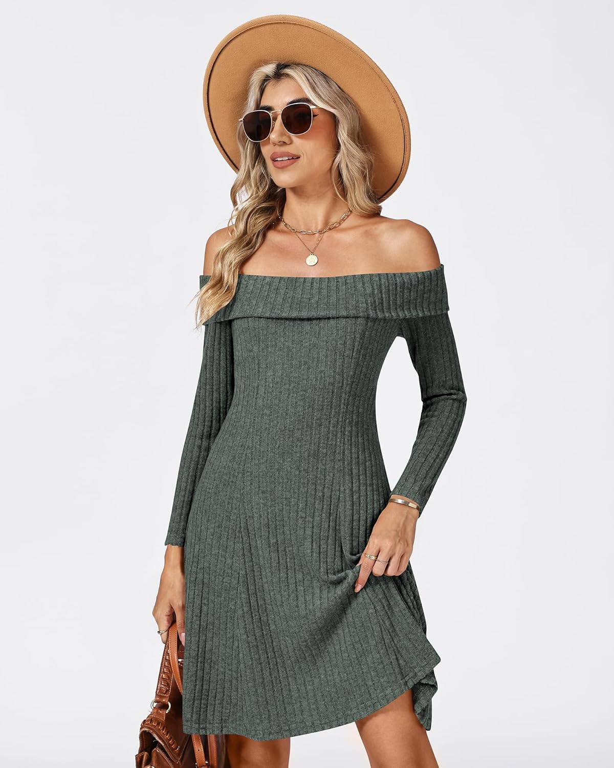 Womens Off The Shoulder Long Sleeve Casual Mini Dress - Image 5