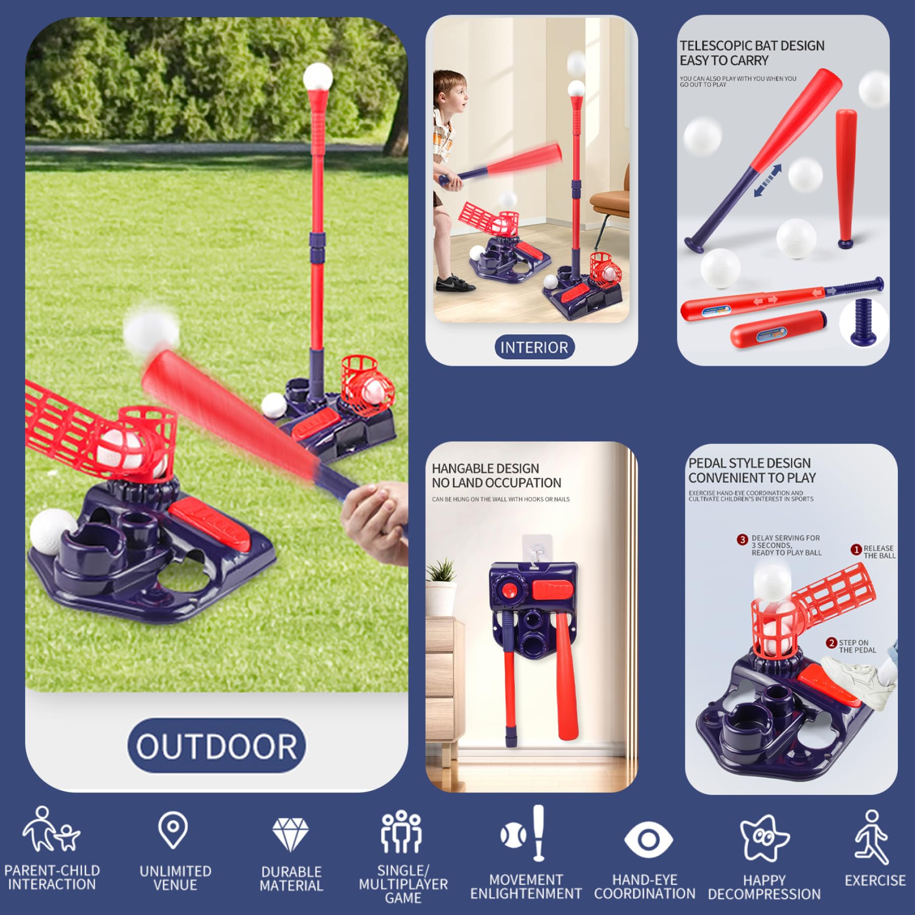 Jorzer Tee Ball Set, 3-en-1 Tee Popper Set avec Machine à tangage, battage de Baseball rétractable au bâton réglable ＆ 4 balles, Popper pour Les Cadeaux pour Enfants