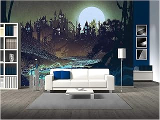 wall26 - Beautiful Landscape with Mysterious River,Full Moon Over Castles,Illustration Painting - Removable Wall Mural | Self-Adhesive Large Wallpaper - 100x144 inches