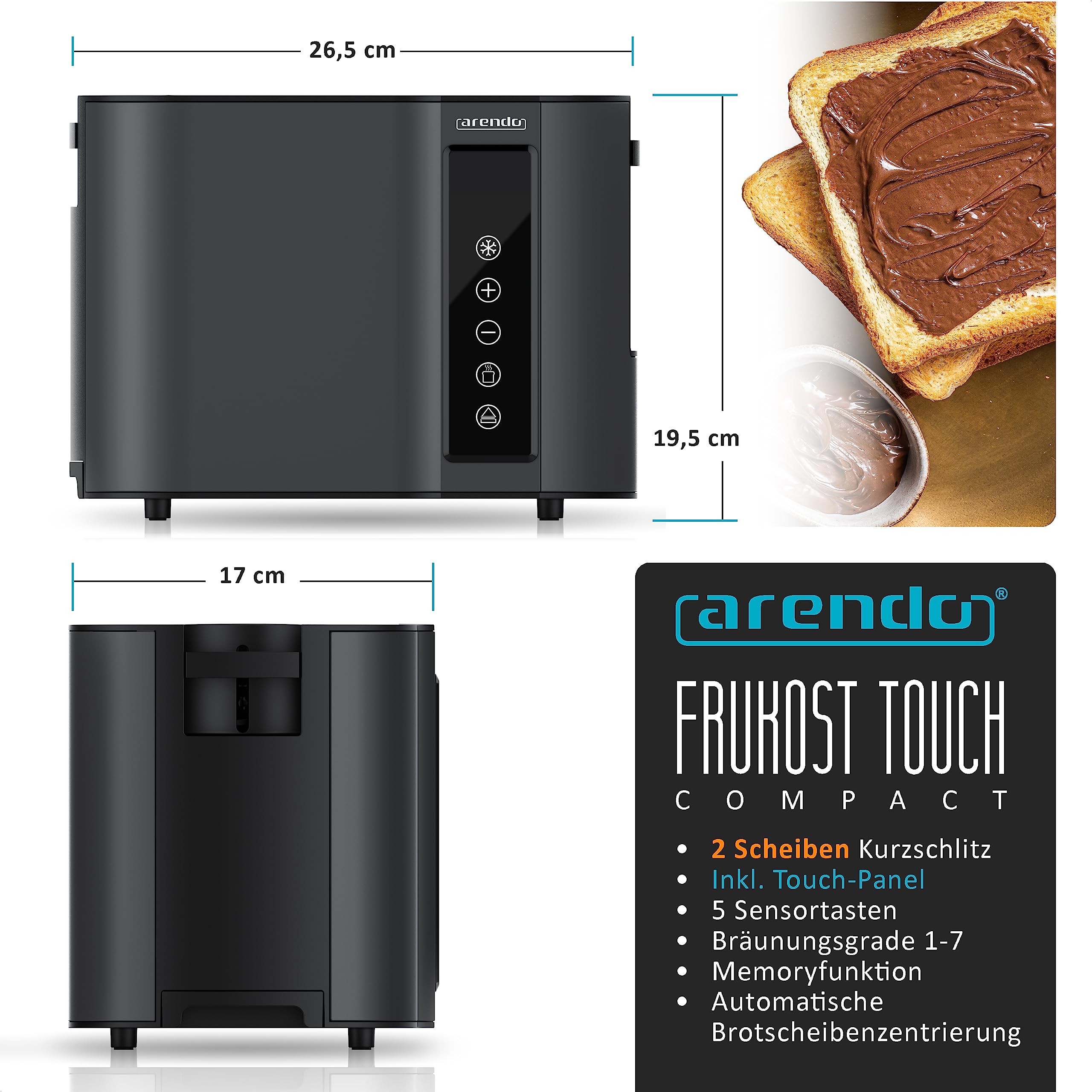 Arendo - Tostapane tattile a 2 fette in acciaio inox - Pannello tattile - Display digitale del tempo rimanente - 800 W - Alloggiamento a doppia parete - Con griglia riscaldante per dolci - 7 livelli