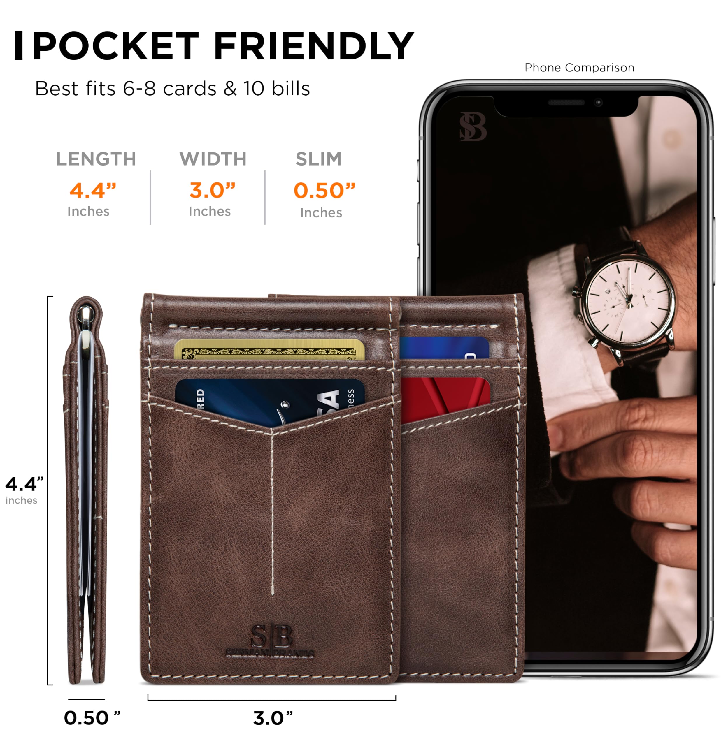 SERMAN BRANDS Portfel blokujący RFID, wąski, podwójnie składany, z prawdziwej skóry, minimalistyczne portfele z przednią kieszenią dla mężczyzn, z klipsem na pieniądze, prezenty, Poranna pieczeń, slim