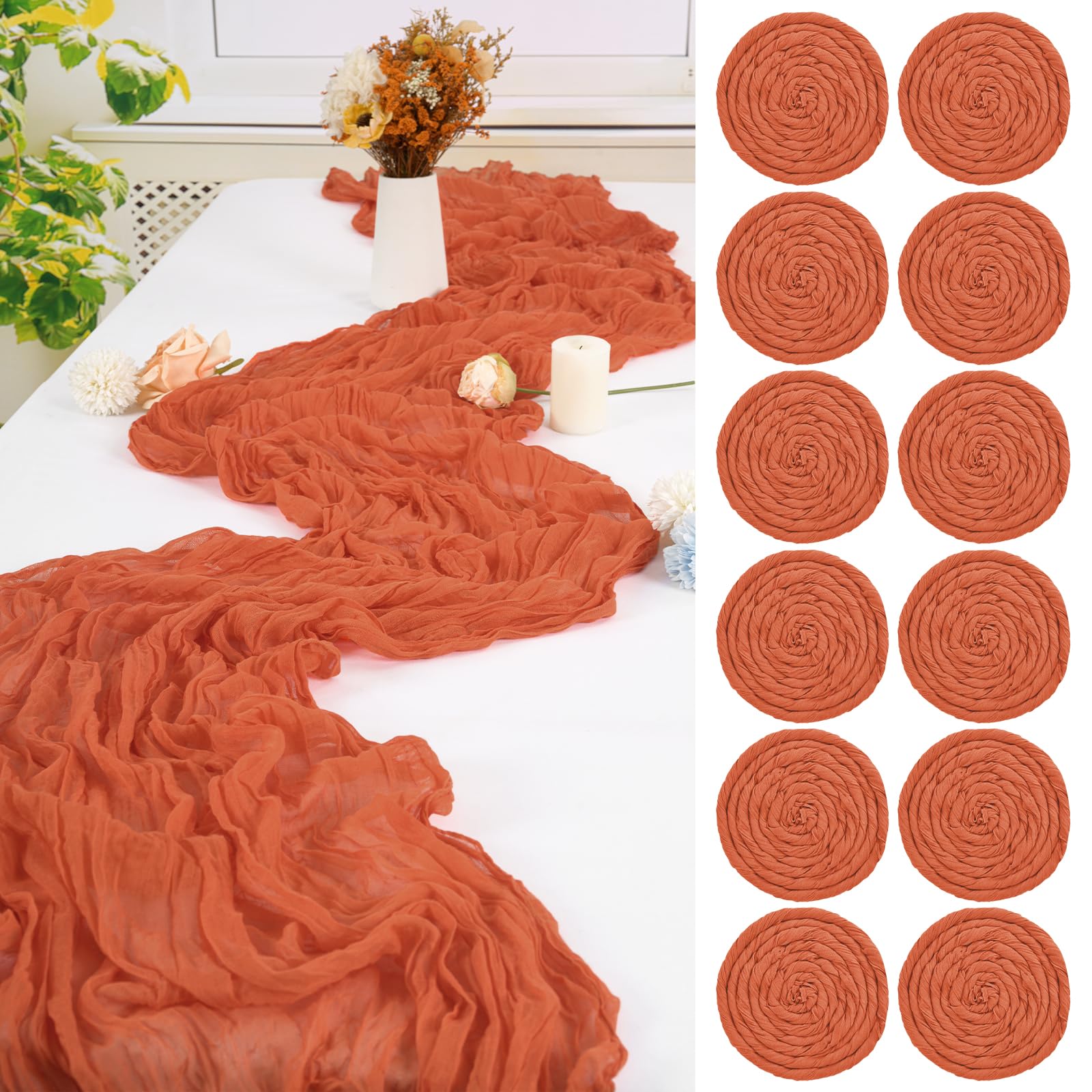 12 Pack Orange Cheesecloth Table Runner,10FT Gauze Boho Long Easter Cheesecloth Table Runners 20x120inch Rustic Cheese Cloth Table Runner for Wedding