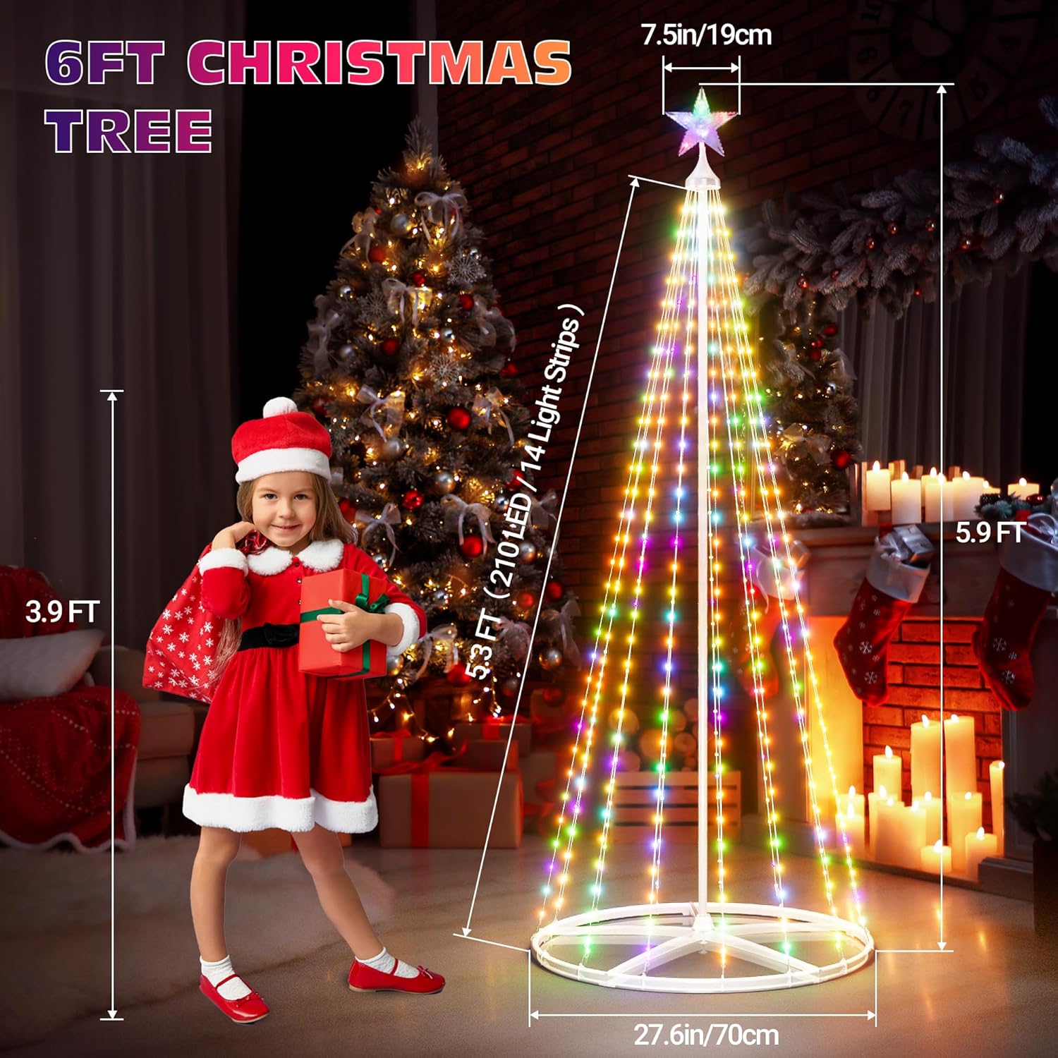 A child standing next to the 6FT Christmas tree, illustrating its dimensions of 5.9 FT height and 27.6 inch base diameter.