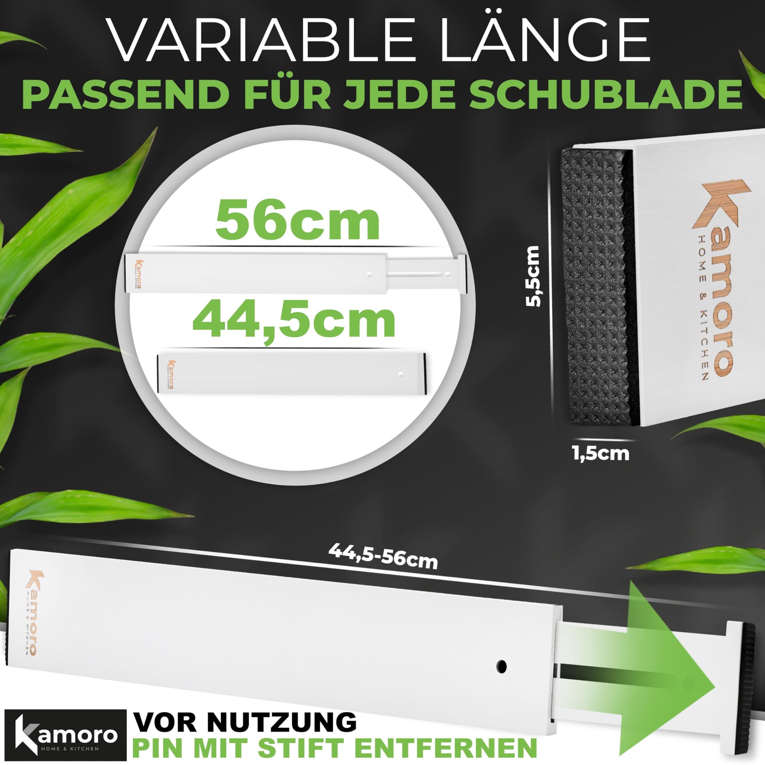 Kamoro separator do szuflad z naturalnego bambusa – z bardzo mocną sprężyną dla pewnego chwytu, końce chroniące meble (zestaw 4 sztuk), regulowany organizer do szuflad w zakresie od 44 do 56 cm, biały