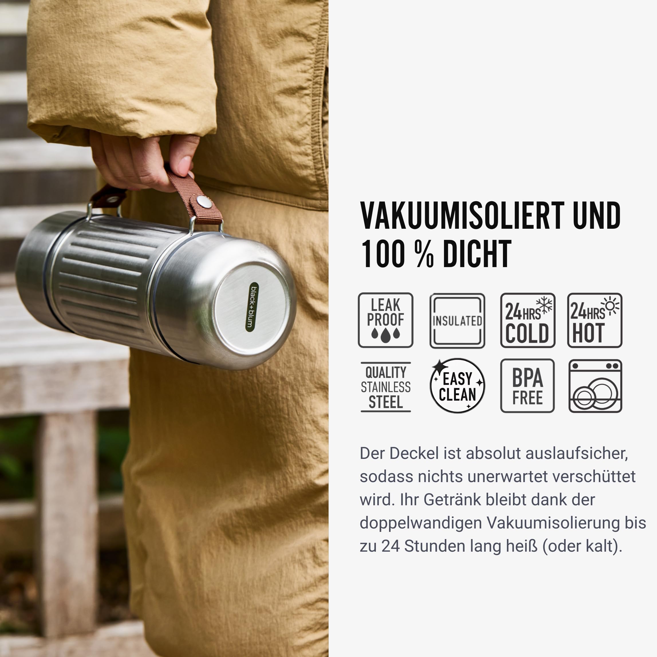 BLACK + BLUM Thermoskanne | Edelstahl Isolierflasche mit 2 Bechern | 1 L