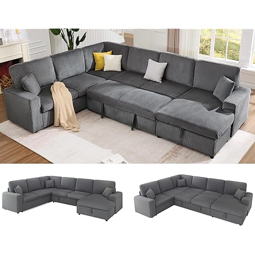 Jocisland 130" Sofa Bed, Sleeper Sofa, Pull Out Sleeper Couch with Storage, Convertible 6-Seater Sofa Bed for Living Room, Corduroy Grey
