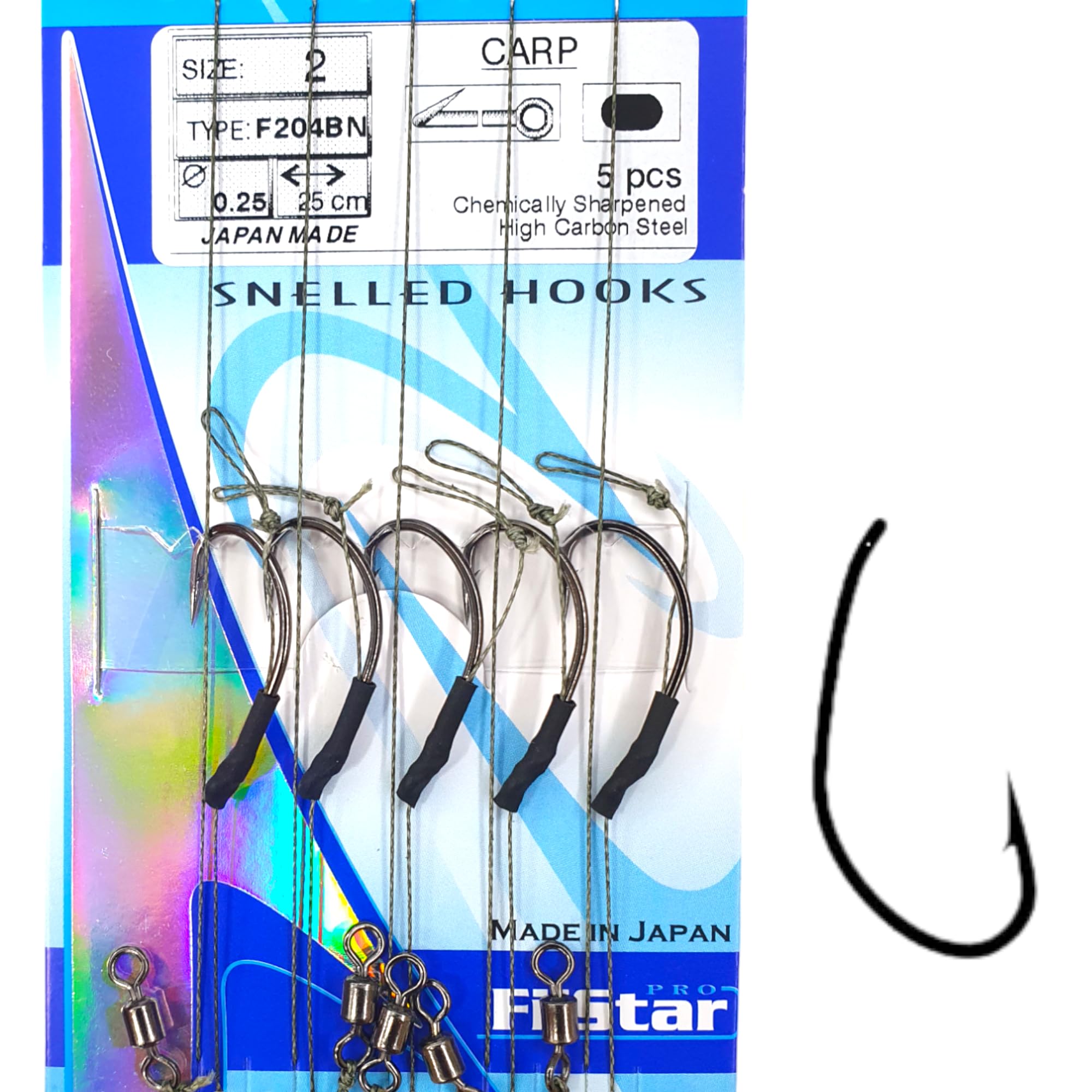PRO FILSTAR Fishing Hook Set including Leader & Swivel 5 Pieces, N2, Braided Line 25 cm, Diameter 0.25 mm