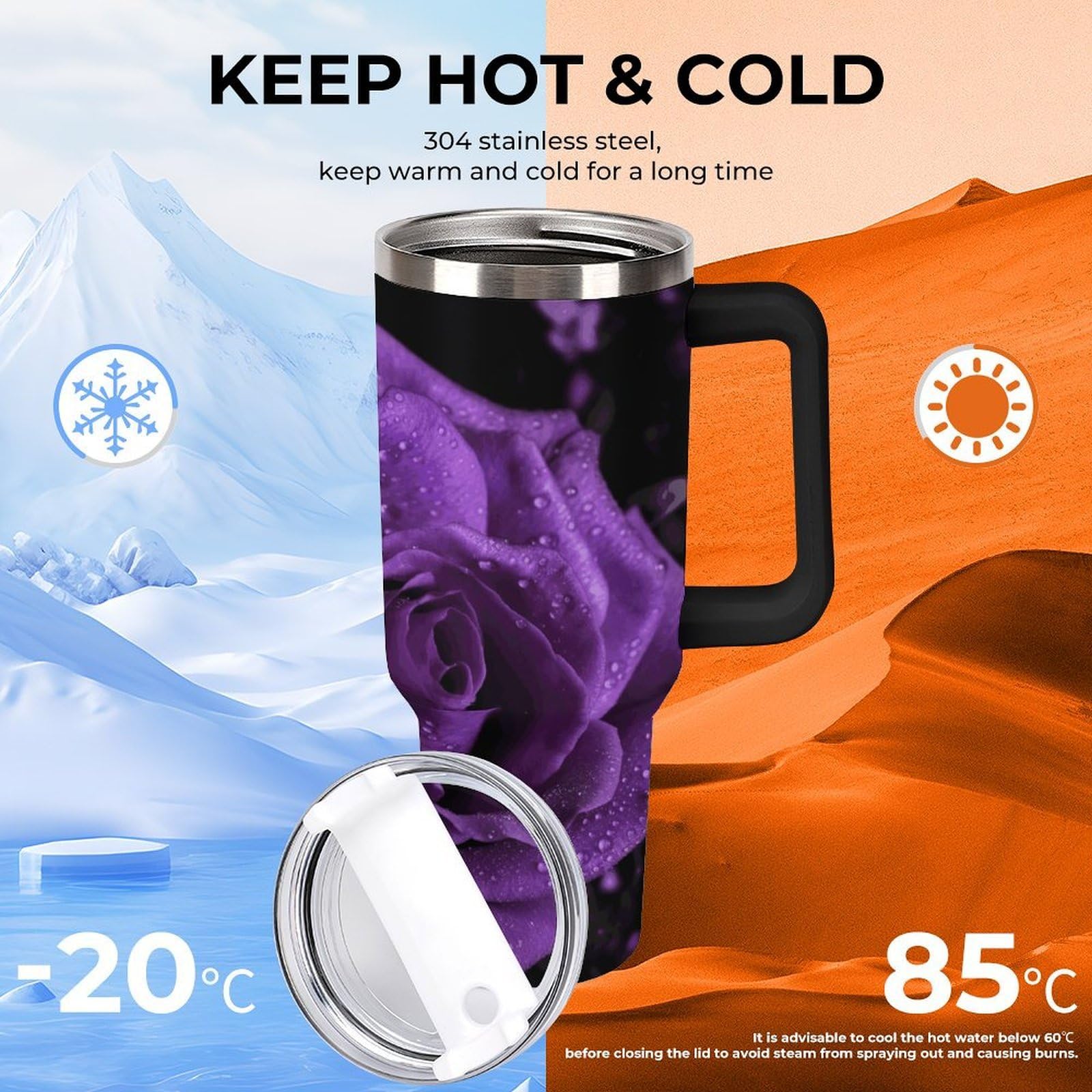 Tazas de rosa morada con popote y asa, taza de café con aislamiento al vacío de doble pared, botellas de agua para café helado, té, bebida caliente y fría