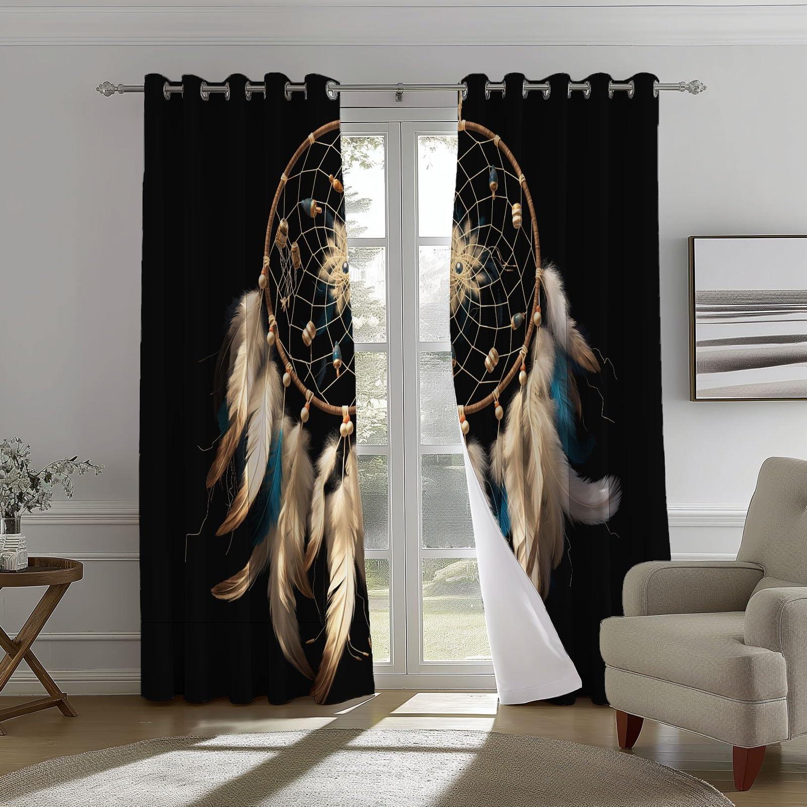 Rideau Occultant Noir Imprimé pour Salon Chambre Fenetre 85L X 200H cm (2 Panneaux) Rideaux à œillets d'intérieur isolés pour la Maison Bohème Fantastique Attrape-rêves Chambre Décoration Rideaux