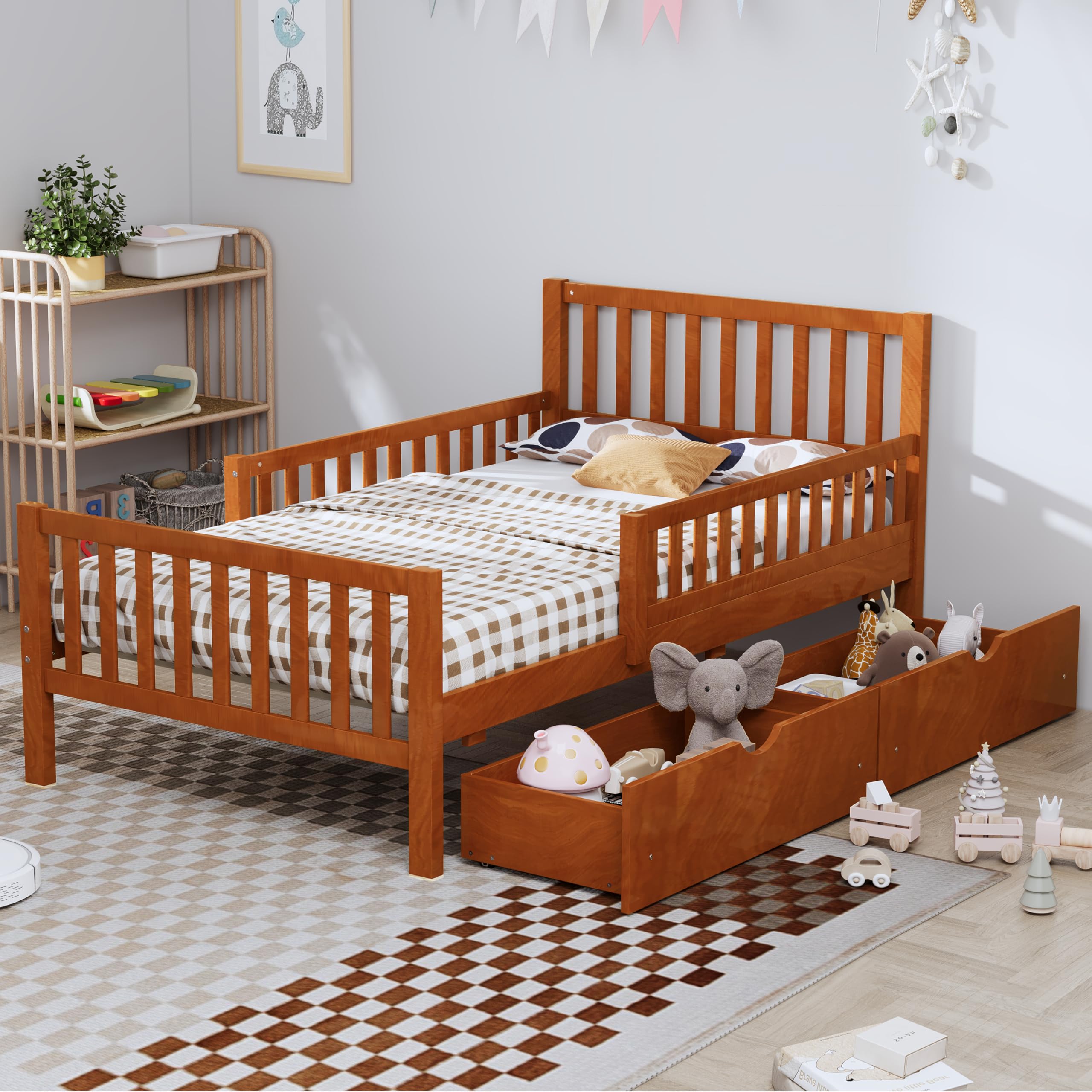 Merax Twin Bed Frame with Storage Drawers and Safety Guardrails on Both Sides, Wood Platform Bed & Headboard and Footboard for Kids, Boys, Gilrls,