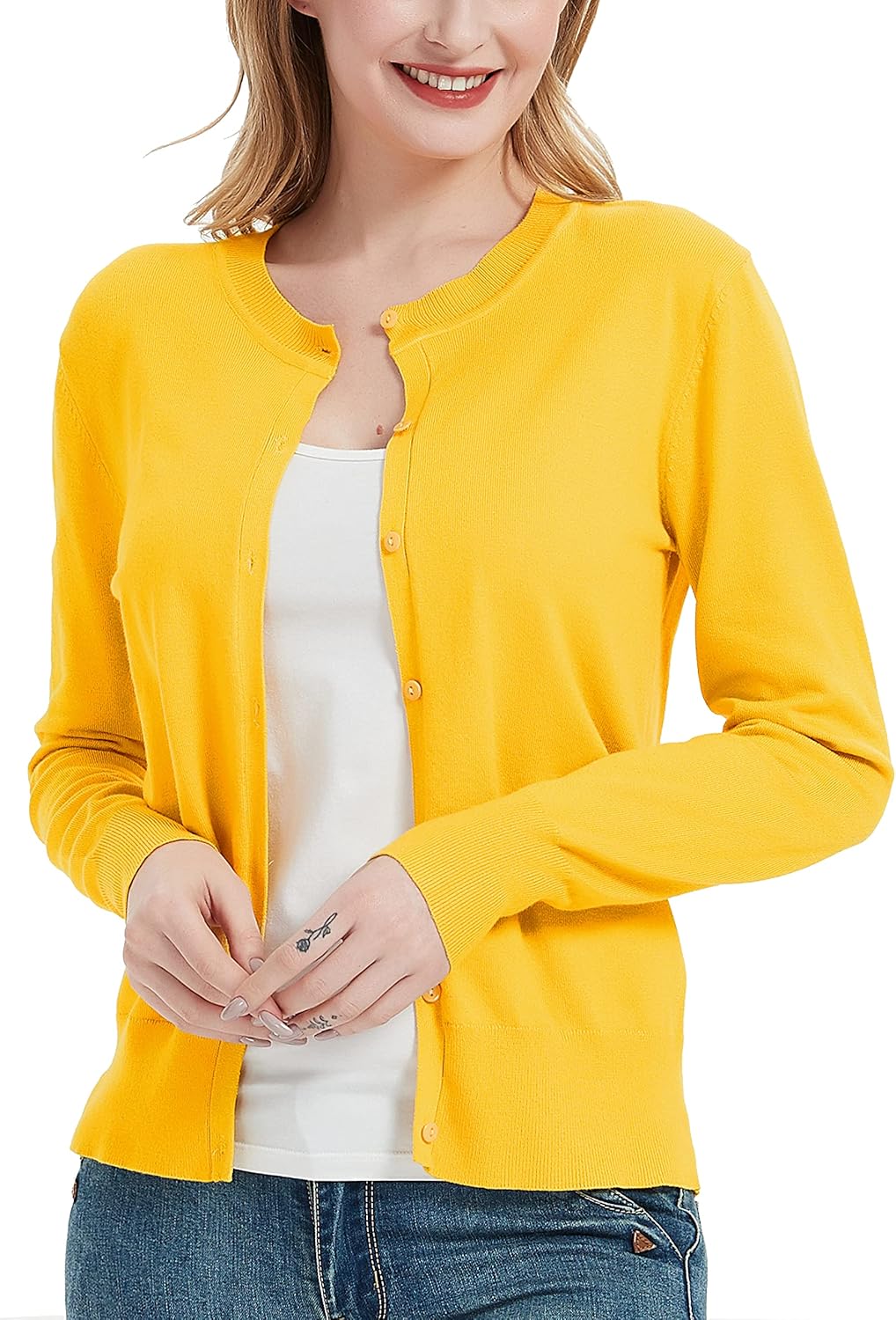 Women's Crew Neck Button Down Long Sleeve Cardigan Sweater