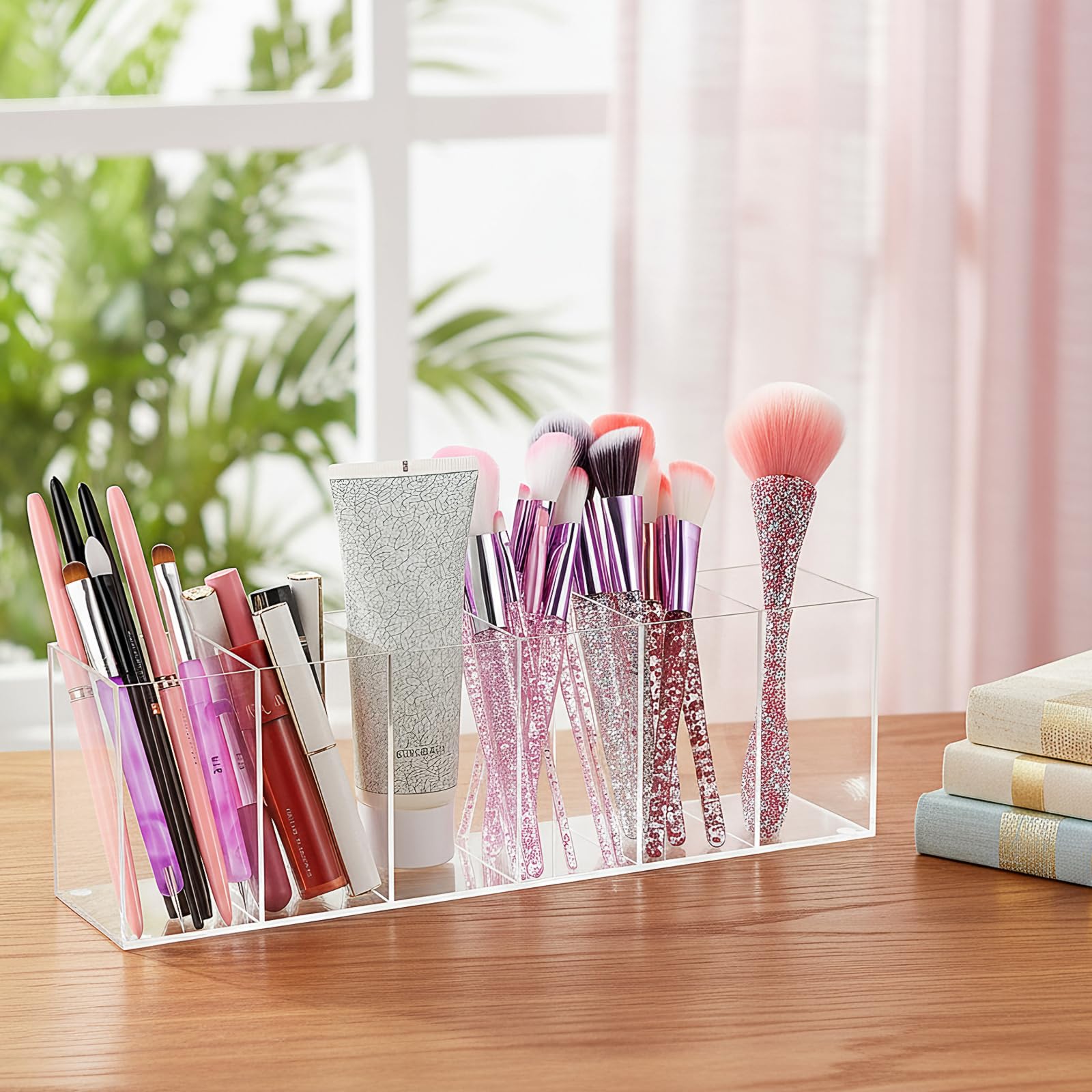 2 soportes acrílicos para brochas de maquillaje, 6 compartimentos, organizador de lápices, soporte para lápices para escritorio, organizador de bolígrafos, soporte de almacenamiento para bolígrafos