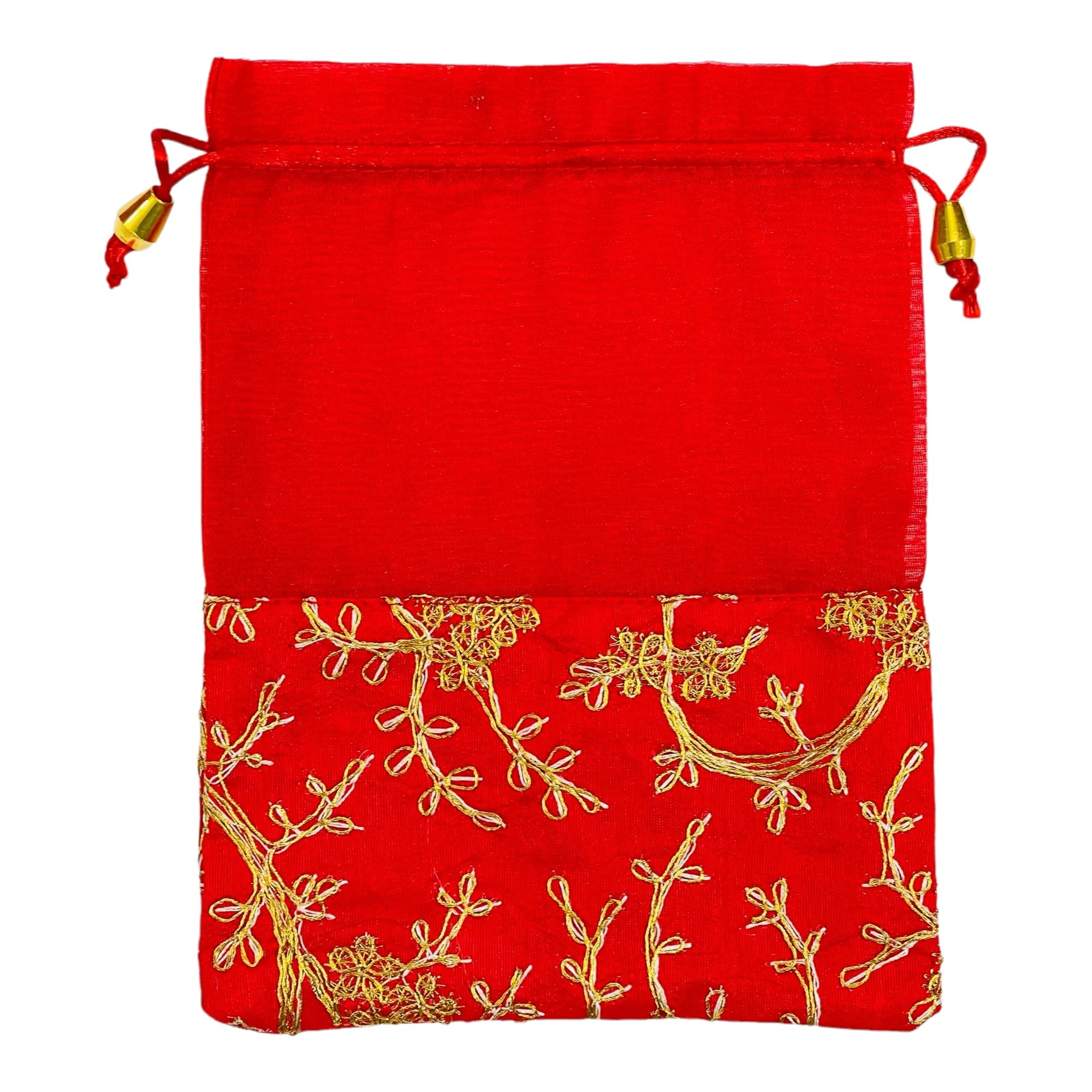 KRIWIN Pack of 10 Women's Silk Drawstring Closure Embroided Gift Potli Bags Pouches 9 X 7 inch Capacity- 450 gram (Red) 2