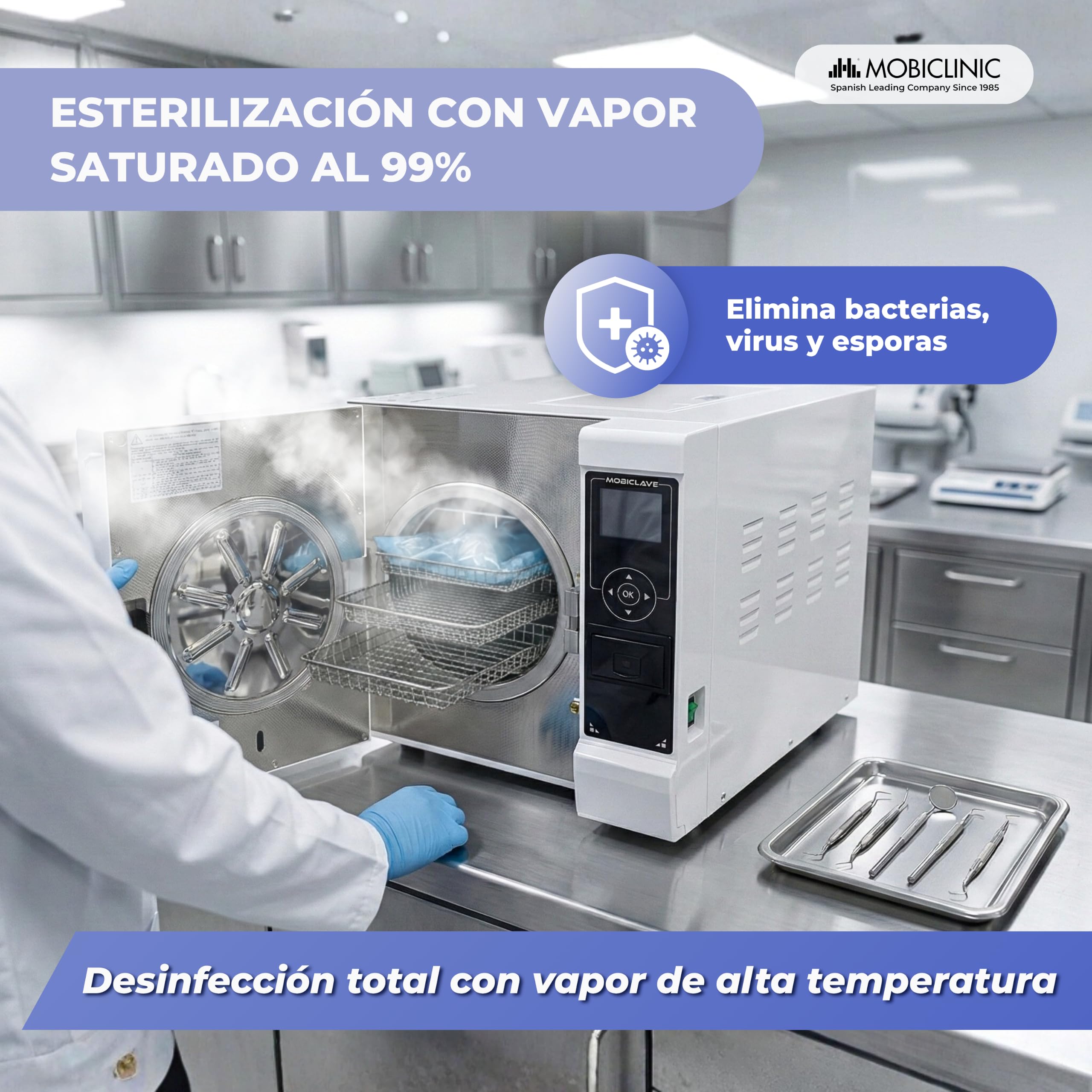 Mobiclinic®, Autoclave Profesional, Esterilizador Autoclave de Vapor 12L, Desinfecta 99% con Cobertura 360º, Pantalla LCD, Programas Personalizable, Impresora, USB, Clínicas y Laboratorios, MobiClave