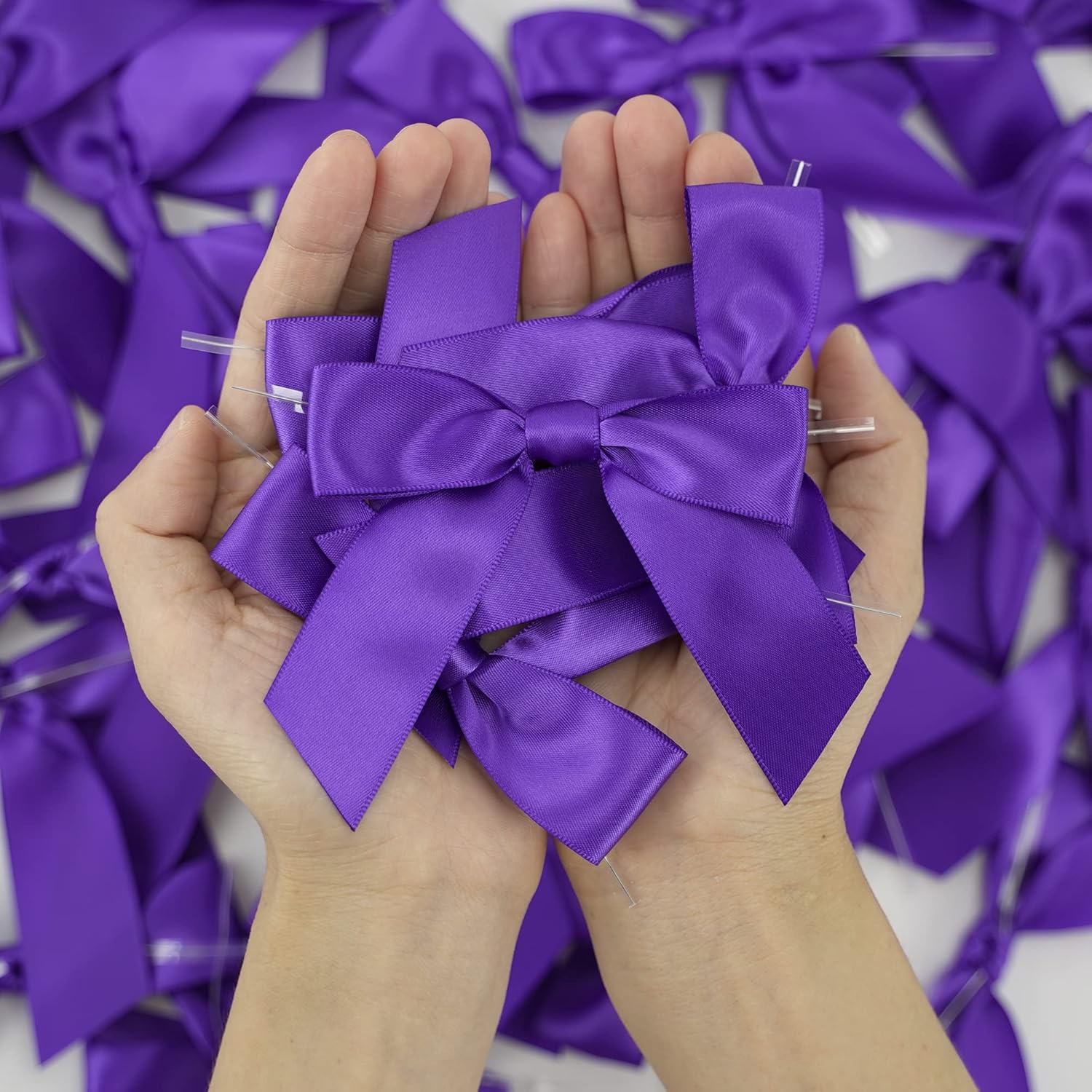 AIMUDI Purple Bows Christmas Decorations 3.5" Pre Tied Satin Ribbon Bows Premade Twist Tie Bows for Treat Bags Ribbon for Cake Pop Candy Apple Small Bows for Crafts Gift Wrapping Party Favor-50 Counts - Image 5