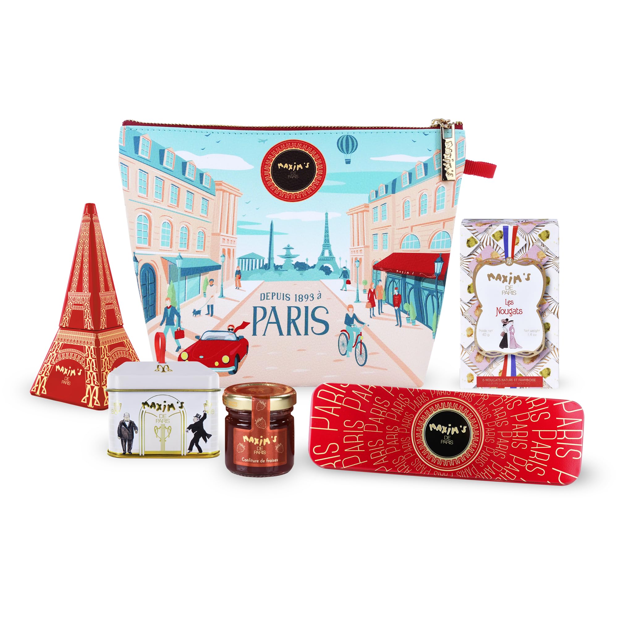 Maxim's de Paris French Gift Set - Bonjour Paris Pouch with Chocolate, Nougat, Strawberry Jam, Eiffel Tower Tin & Mini Collectible Tins | Premium French Gift Box, Made in France