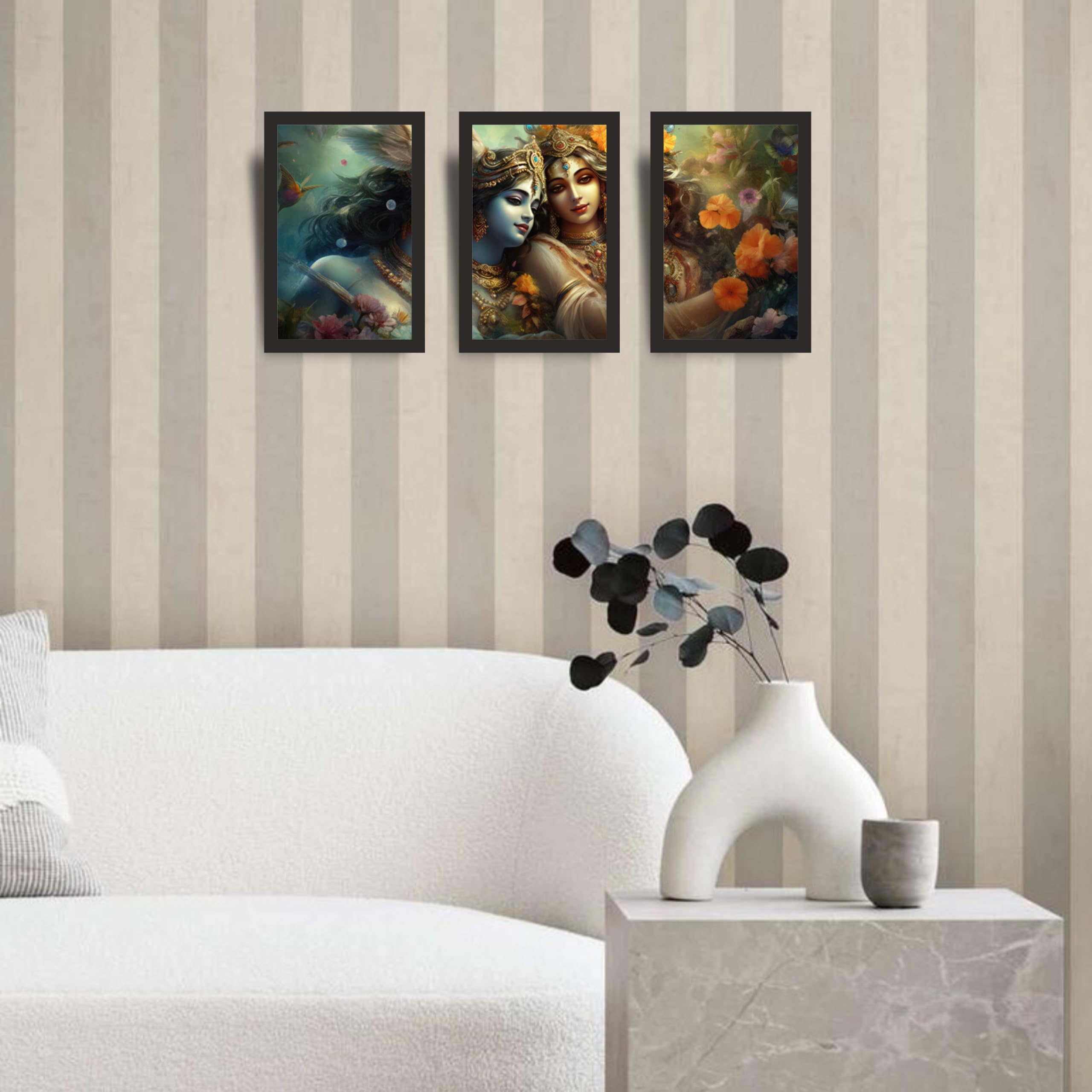 Radha Krishna Artistic Floral Wall Art Set of 3