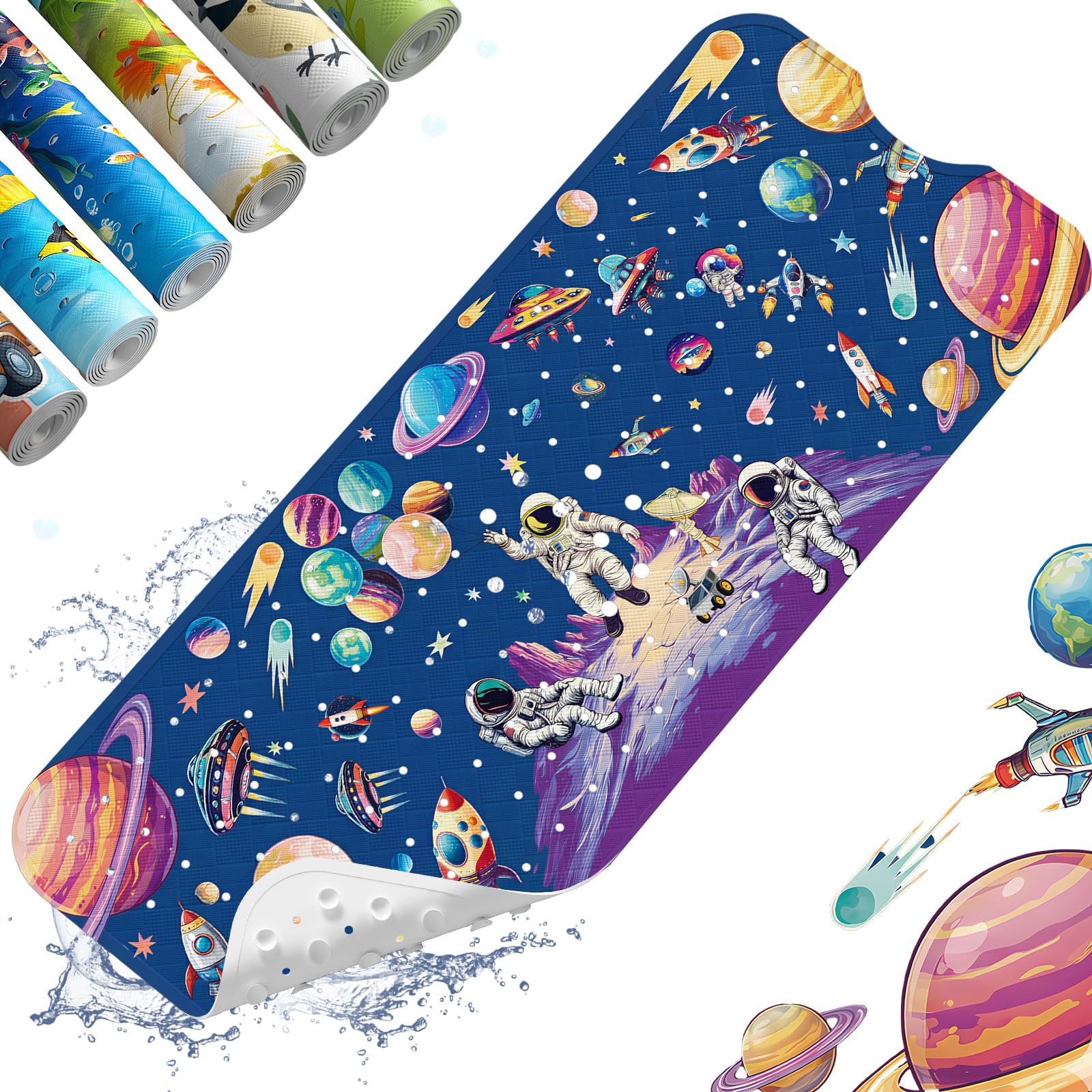 XIYUNTE Baby Bath Mats Non Slip Anti Mould, Cartoon Kids Bath Mat Non Slip, 100x40cm Extra Large Baby Shower Bath Mat with Suction Cups & Drain Holes, Machine Washable, Planet