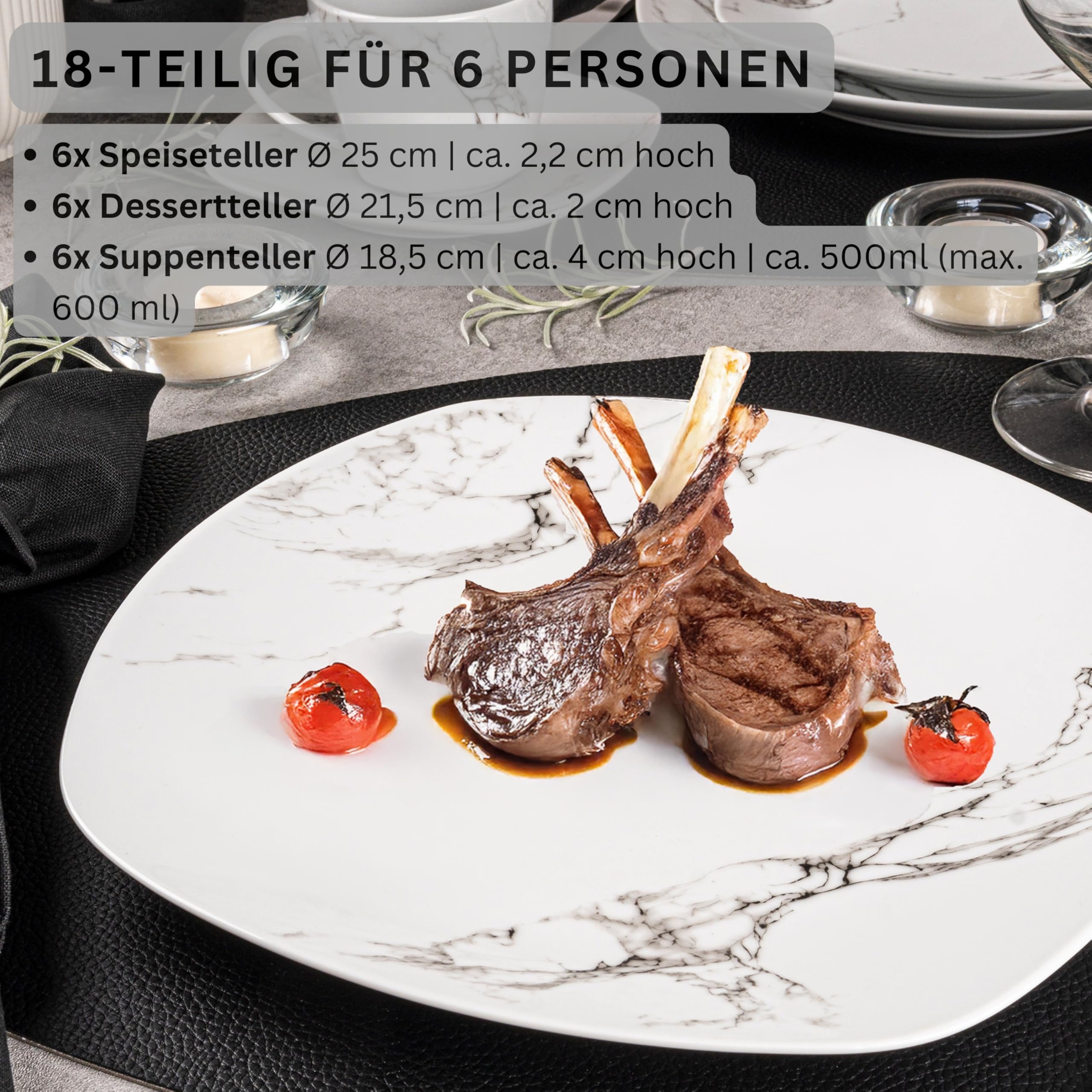 SÄNGER | 18-częściowy serwis stołowy Bilgola marmurowy biały, dla 6 osób, z porcelanowymi talerzami do zupy, deserów i obiadów, zestaw talerzy, naczynia do jedzenia, prostokątne, kolekcja premium