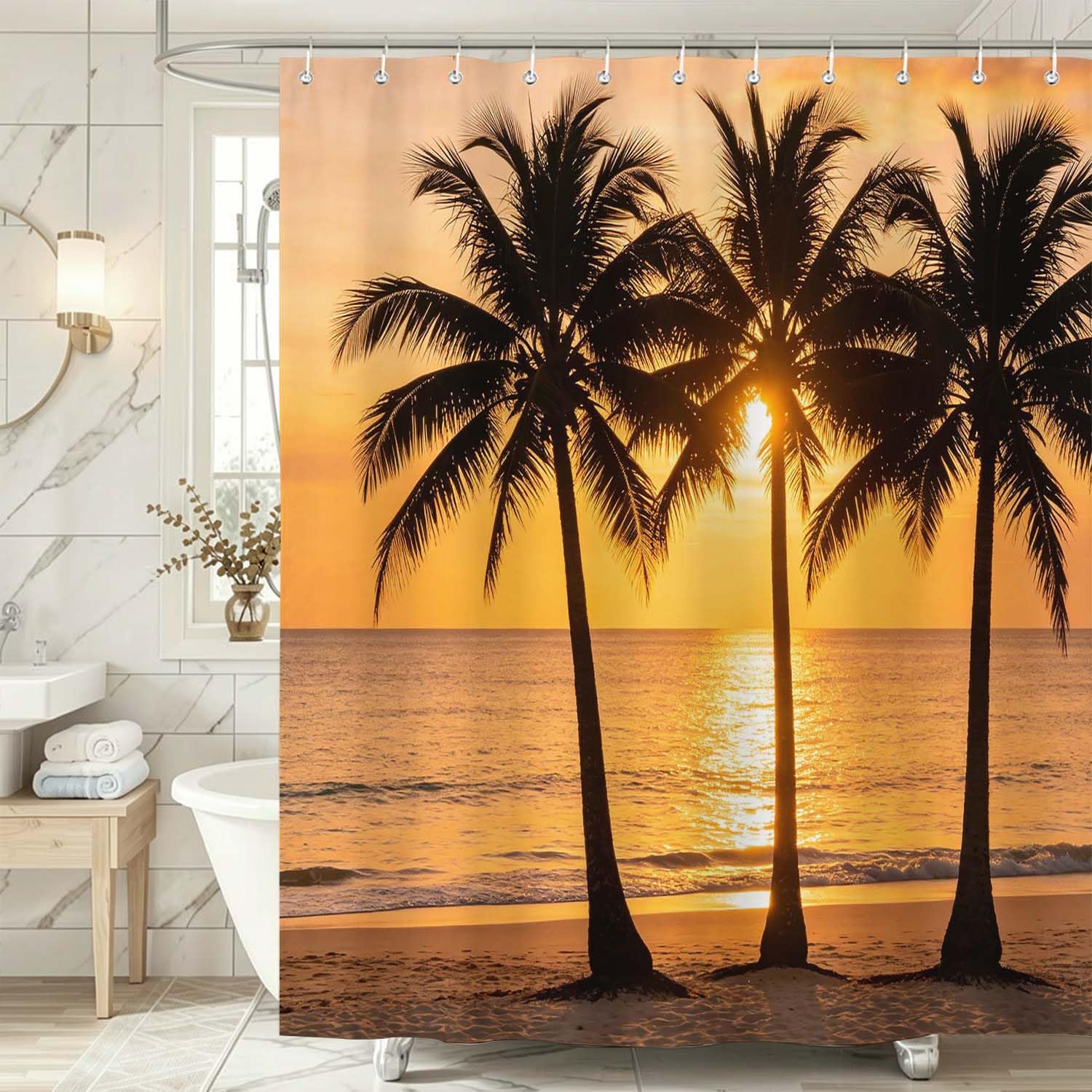 Rideau de Douche Anti Moisissure Palmier, Rideau de Bain Coucher de Soleil sur la Mer 3D Rideaux de Douche en Polyester, Imperméable, Lavable en Machine, avec Crochets, 300 x 200 cm 77-YLP