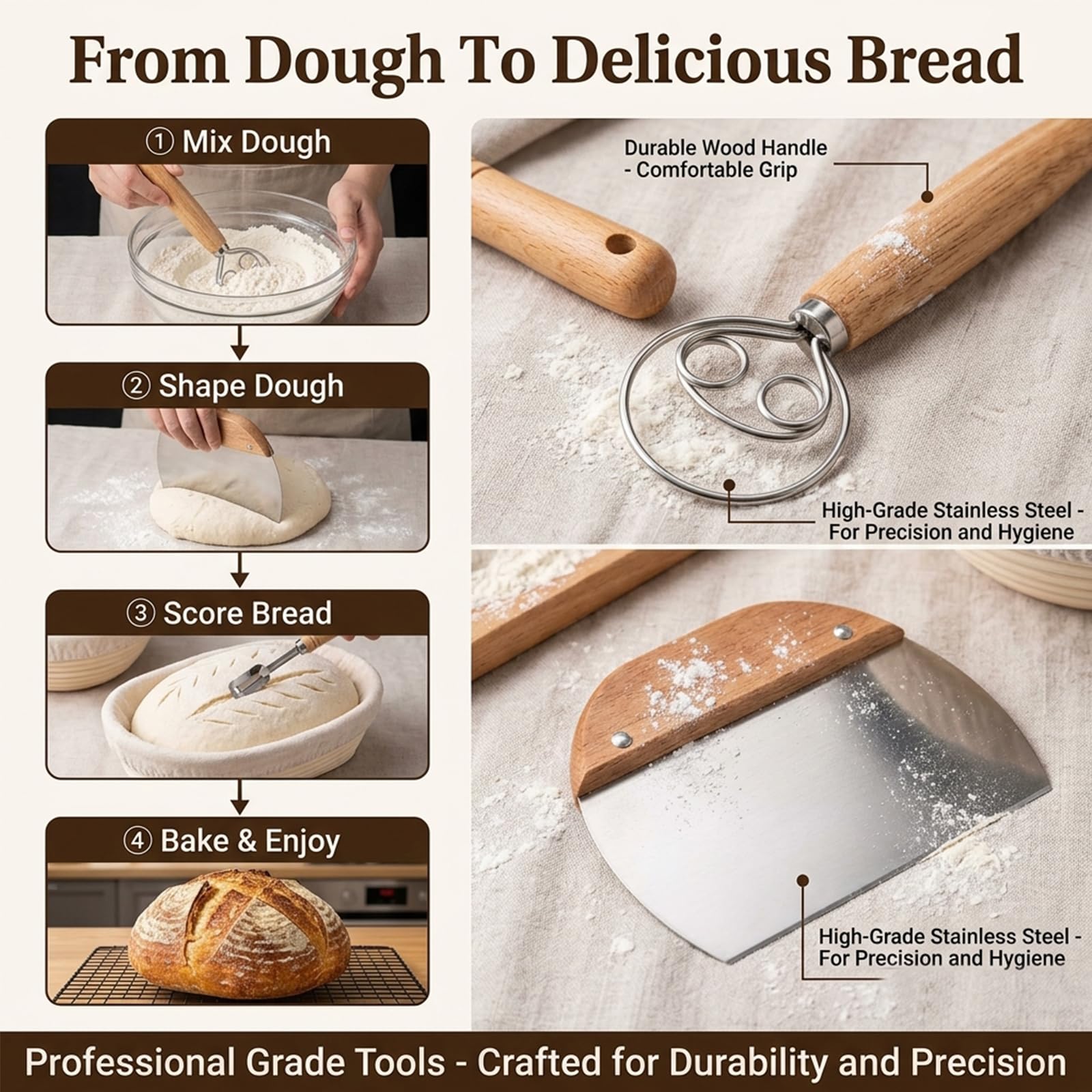 Kit de Masa Madre para Pan de 52 Piezas, Cestas de Fermentación de 25 cm y 23 cm, Tarro de Cristal de 700 ml, Set de Accesorios para Panadería, Sourdough Starter Kit para Principiantes y Panaderos