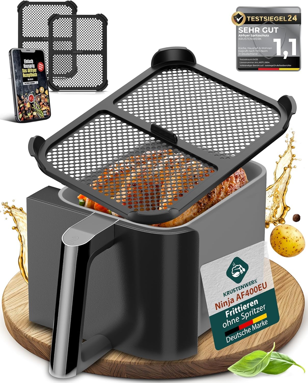 KRUSTENWERK Ninja AF400EU Premium Splash Guards | Ninja Hot Air Fryer Accessories | Splash Guard Hot Air Fryer for Ninja Foodi Max Dual Zone | Airfryer Accessories Including E-Book 150 Recipes