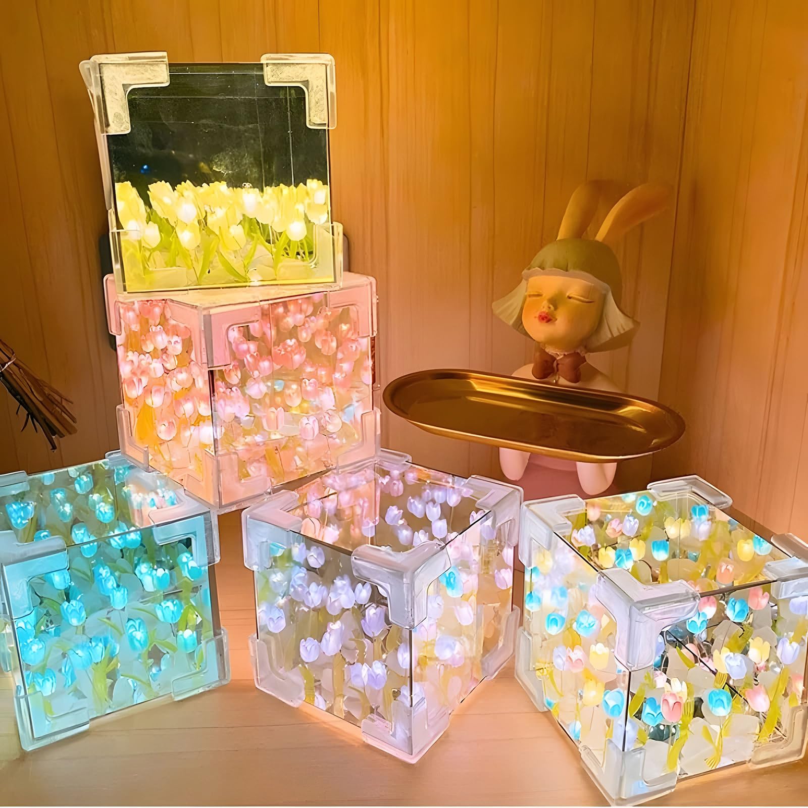 DIY Tulip Cube Mirror Lamp, LED Flower Tulip Desk Lamp, DIY Tulip