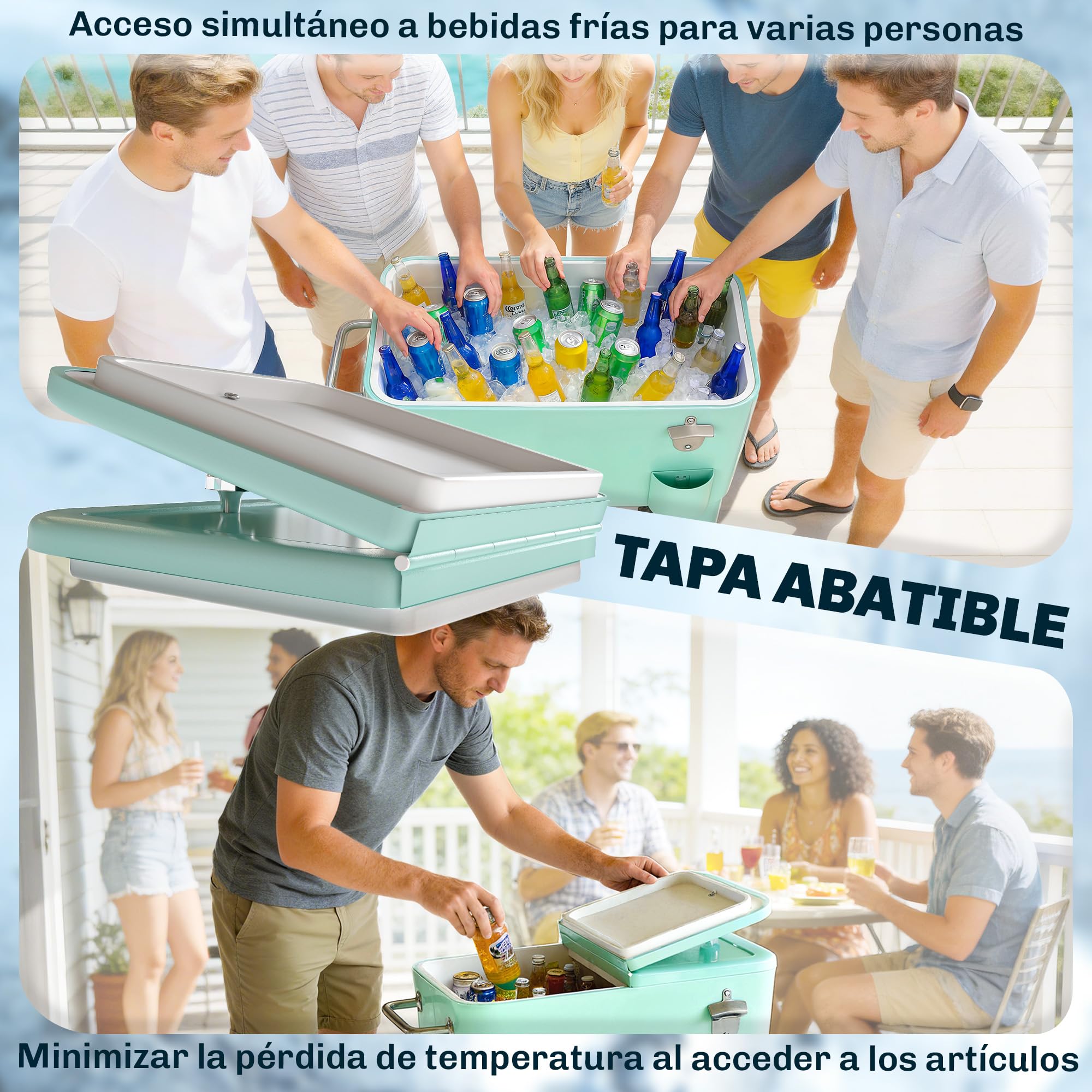 Outsunny Carro de Bebidas Refrigerado 56L con Ruedas, Carro Nevera con Abrebotellas, Recogetapas y Asa, para Patio, Fiesta, Terraza, 75x35x78 cm, Verde Claro
