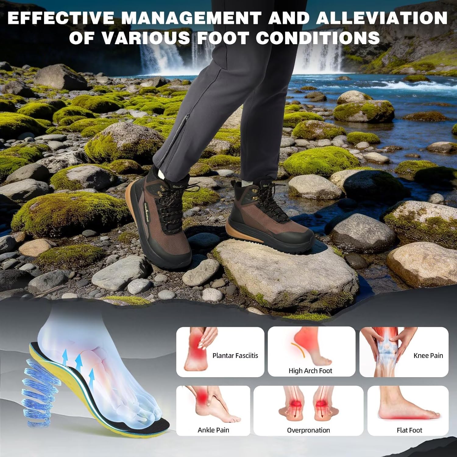 Men's Orthopedic Wide Waterproof Hiking Boots: Comfortable Plantar Fasciitis Arch Support Diabetic Walking Trekking Running Shoes, Orthotic Non Slip Adventures Mid Ankle Boots for Foot Pain Relief - Image 3