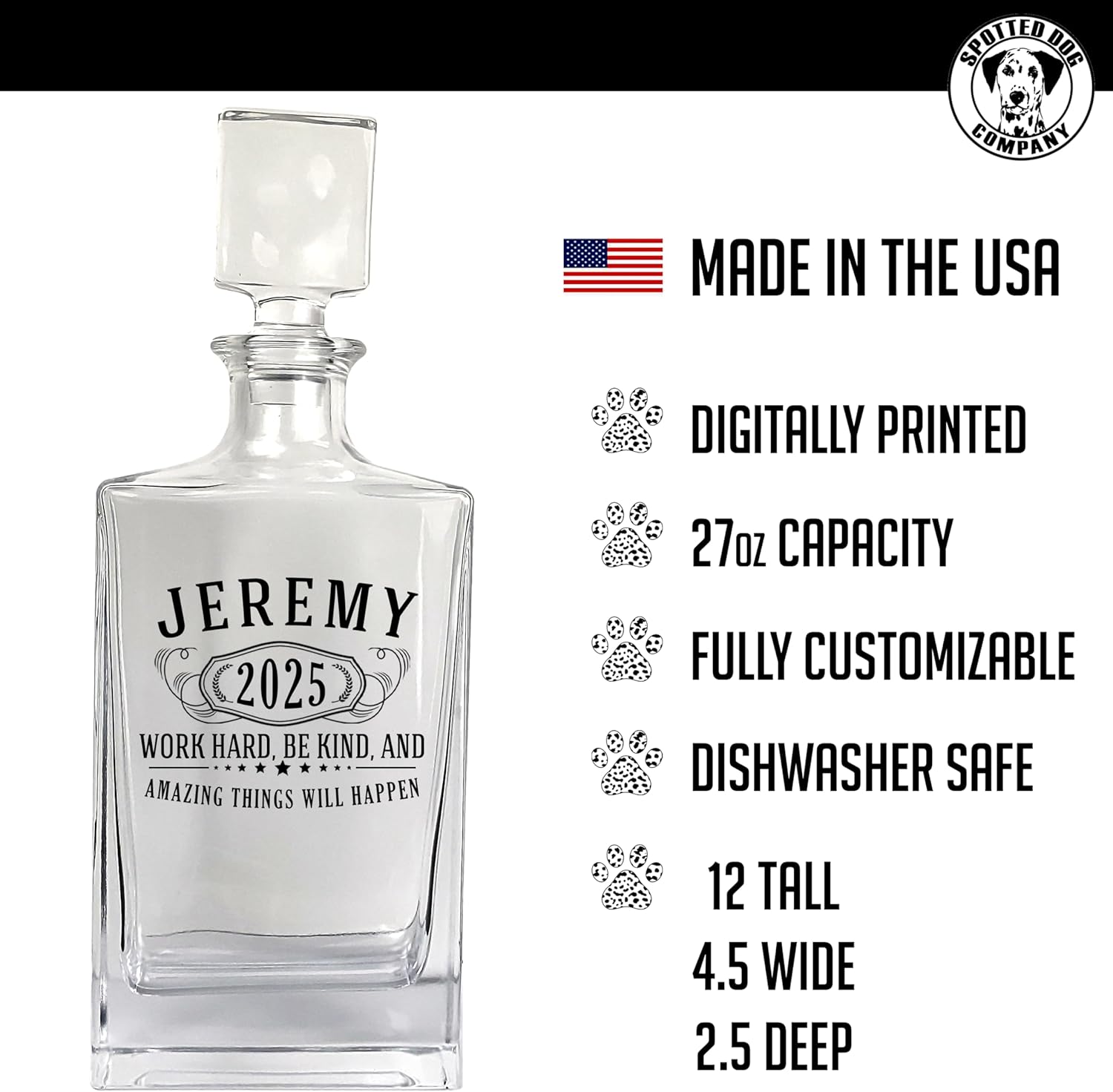 Personalized Print Glass 27oz Whiskey Decanter, Rectangle Bernard, Custom Birthday Fathers Day Gift, Retirement, Anniversary, Housewarming, Customized Bourbon Gifts for Men, Scotch Liquor, Him, Dad