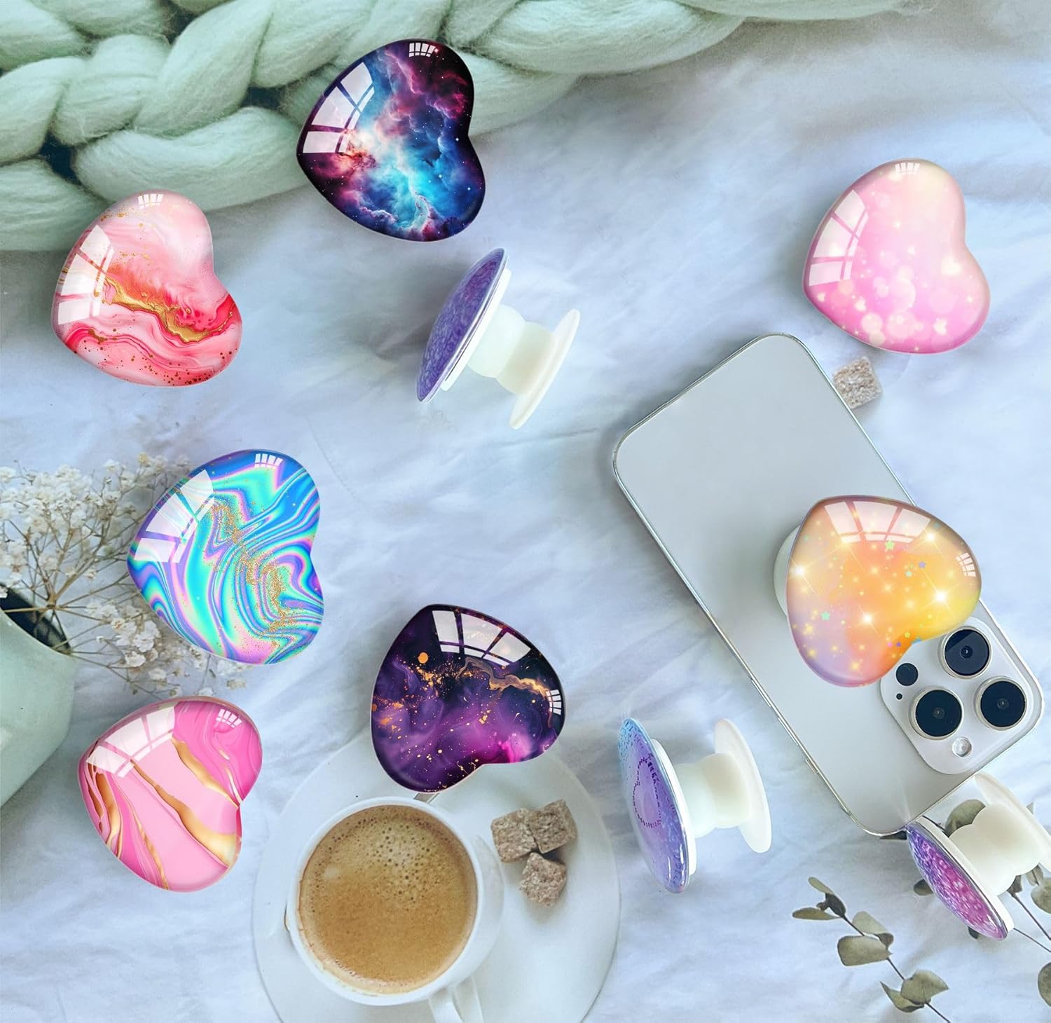 Luhoit Expandiing Cell Phone Grip Heart Shape Glass Finger Holder for Smartphones, Cellphone Collapsible Stand - Purple Geometric, LSF1D - Image 5