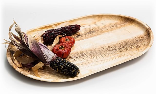 Canape King Disposable Palm Leaf Serving Trays (10 Pcs) - 100% Natural and Biodegradable Oval Large Dinner Food Platters (55x30cm) - Suitable for BBQ Picnic Christmas Party Dinner Weddings