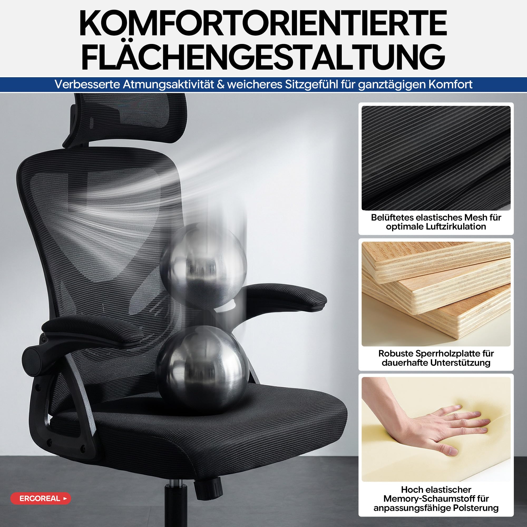 Ergonomischer Mesh-Bürostuhl mit Lendenstütze 2D-Kopfstütze klappbare Armlehnen PU-Rollen Gasfeder Klasse 3 bis 150 kg Schwarz