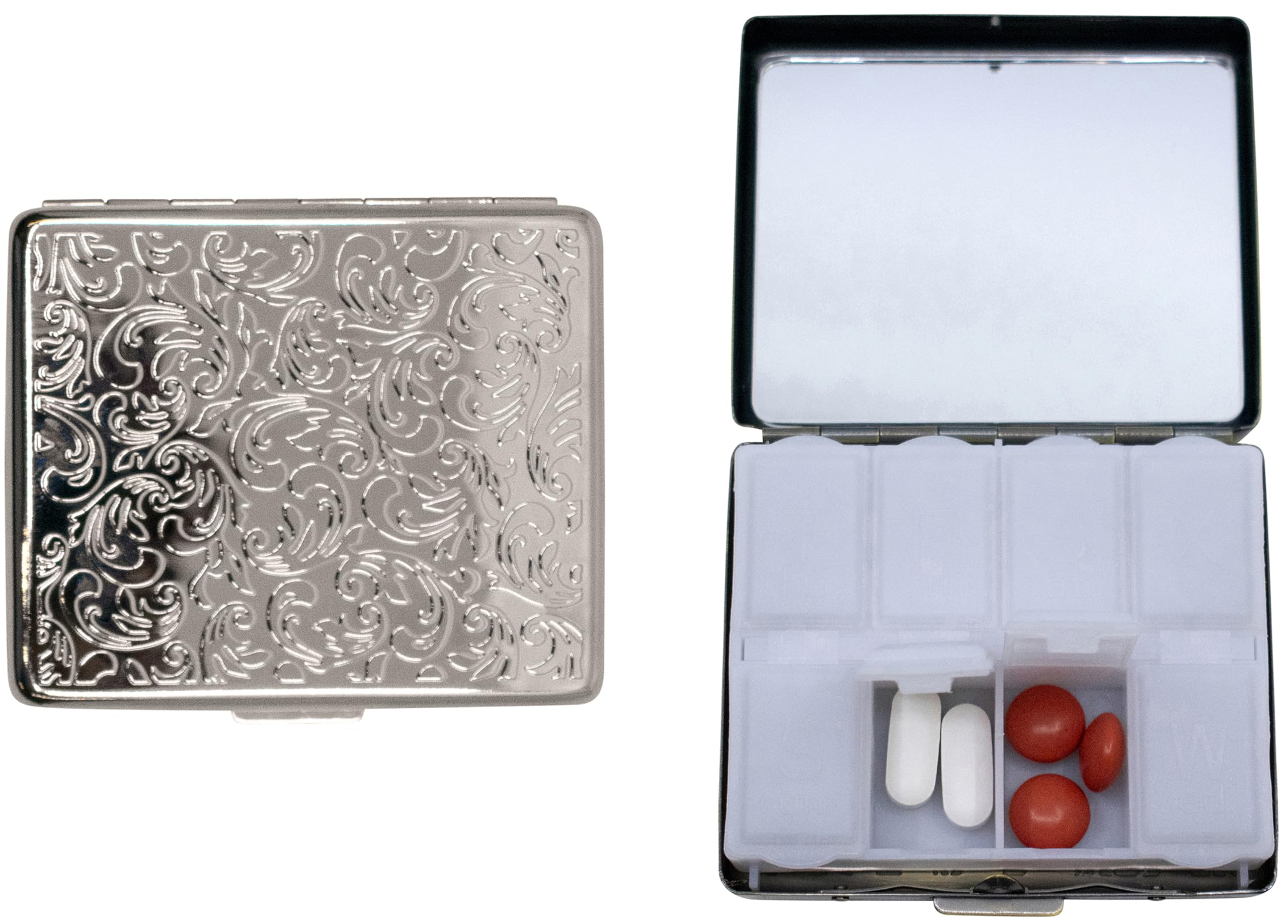 Set of 2 Metal-Plated Weekly 7-Day Pill Box Case Portable Medicine Organizer Silver Victorian