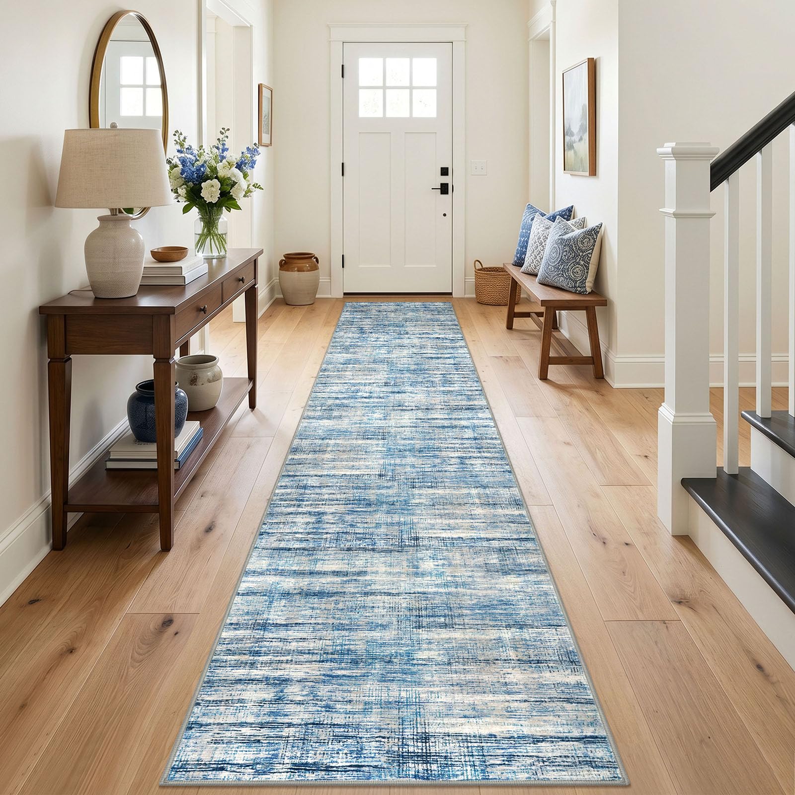KOZYFLY Modern Washable Rug Runner 2.6x16 Hallway Stair Runner Blue Beige — image 1