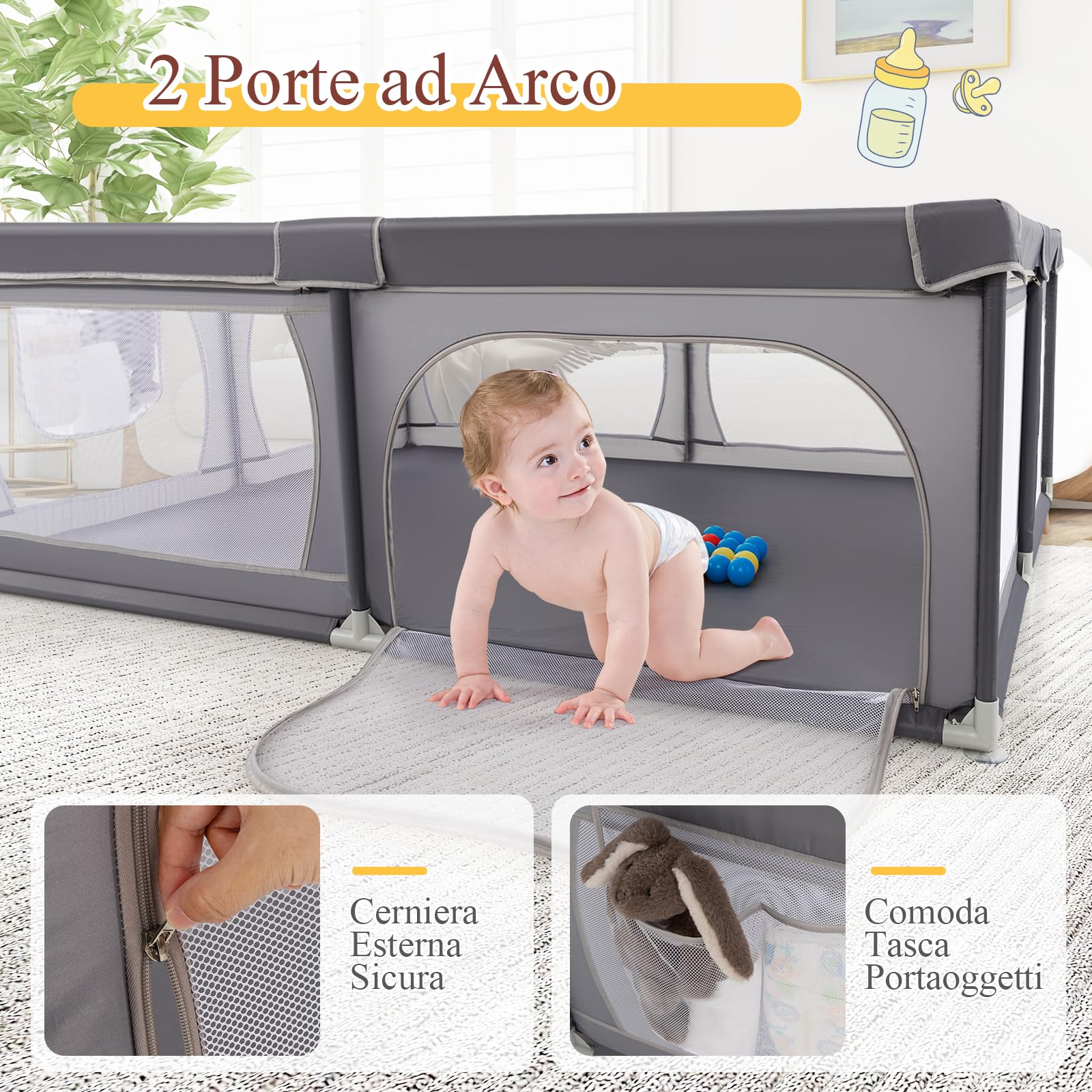RELAX4LIFE Box Recinto per Bambini, Centro di Attività per Bambini dai 6 Mesi ai 3 Anni (206x147,5cm, E: 50 Palline+ Borsa di Trasporto+Tasca Laterale,GRIGIO)