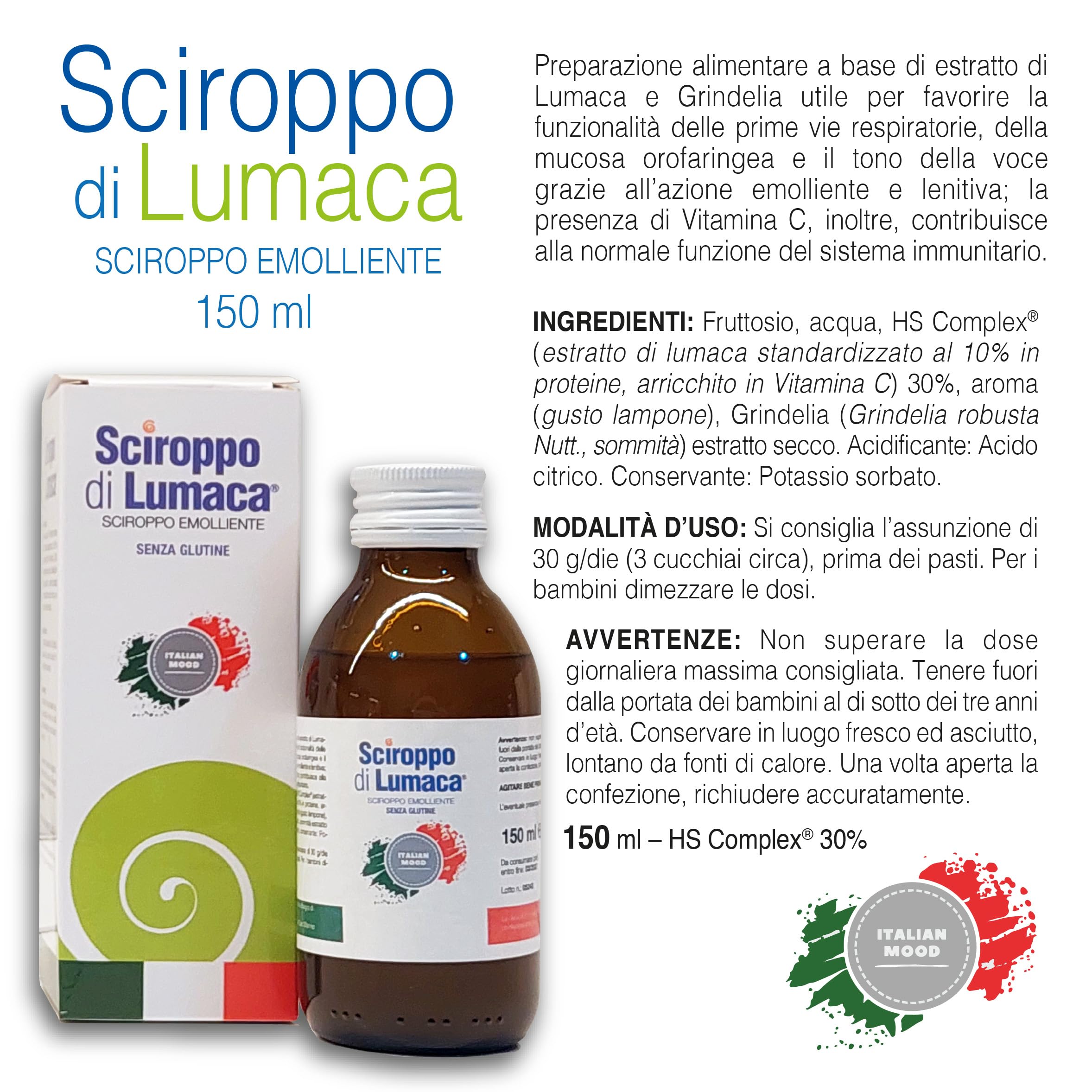 Italian Mood - Sciroppo di Lumaca 150 ml, Integratore Alimentare con Estratto di Lumaca e Grindelia per le Vie Respiratorie, con Vitamina C