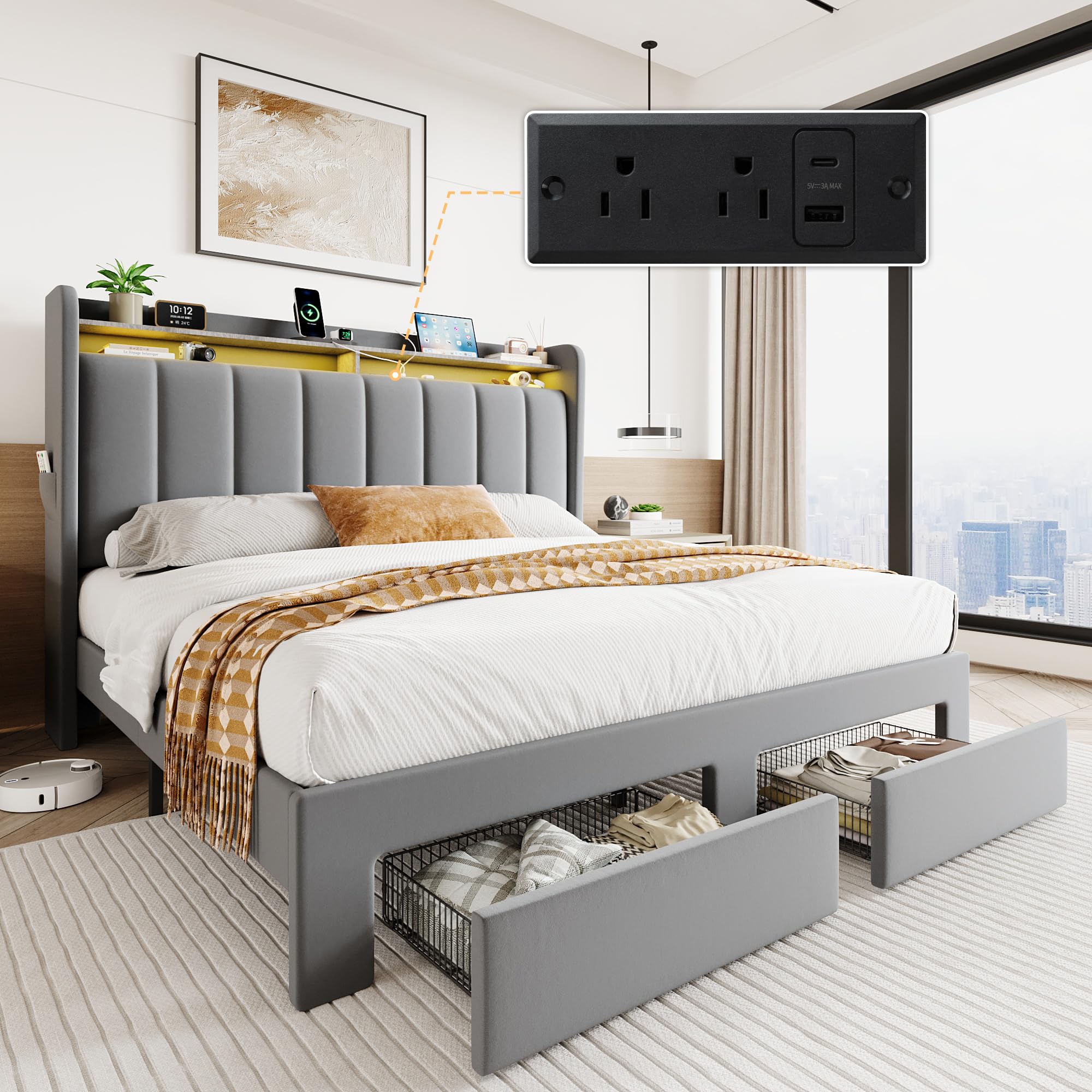 SHA CERLIN Velvet Queen Bed Frame with Vertical Channel Tufted Wingback Headboard & 2 Storage Drawers/2-Tier Shelves with LED Lights & Charging