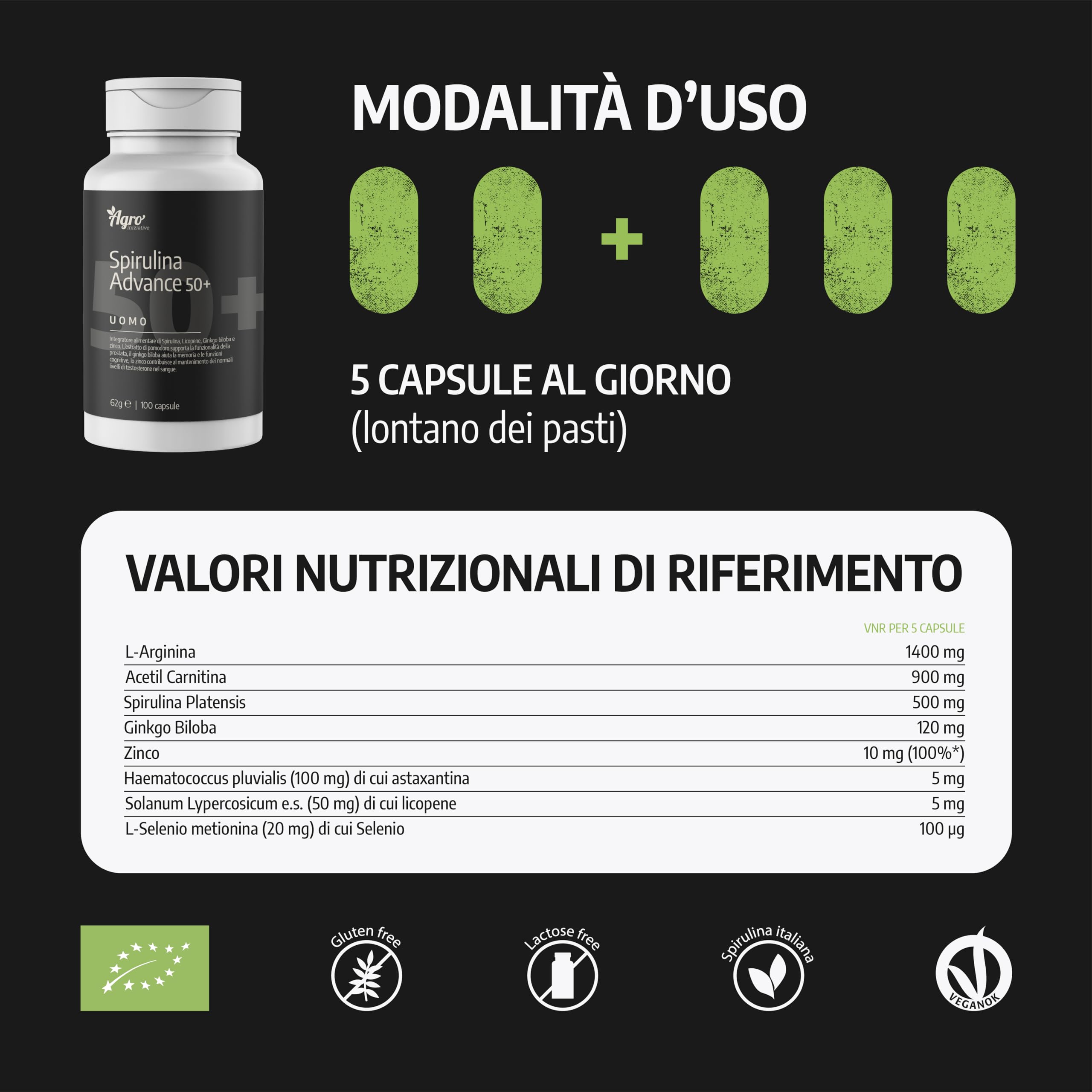 AGROINIZIATIVE Spirulina Advance Uomo 50+ Integratore Alimentare con Spirulina Bio, Acetil L Carnitina, Astaxantina, L-Arginina, Ginkgo Biloba, Zinco e Licopene, Prodotto in Italia, 100 Capsule