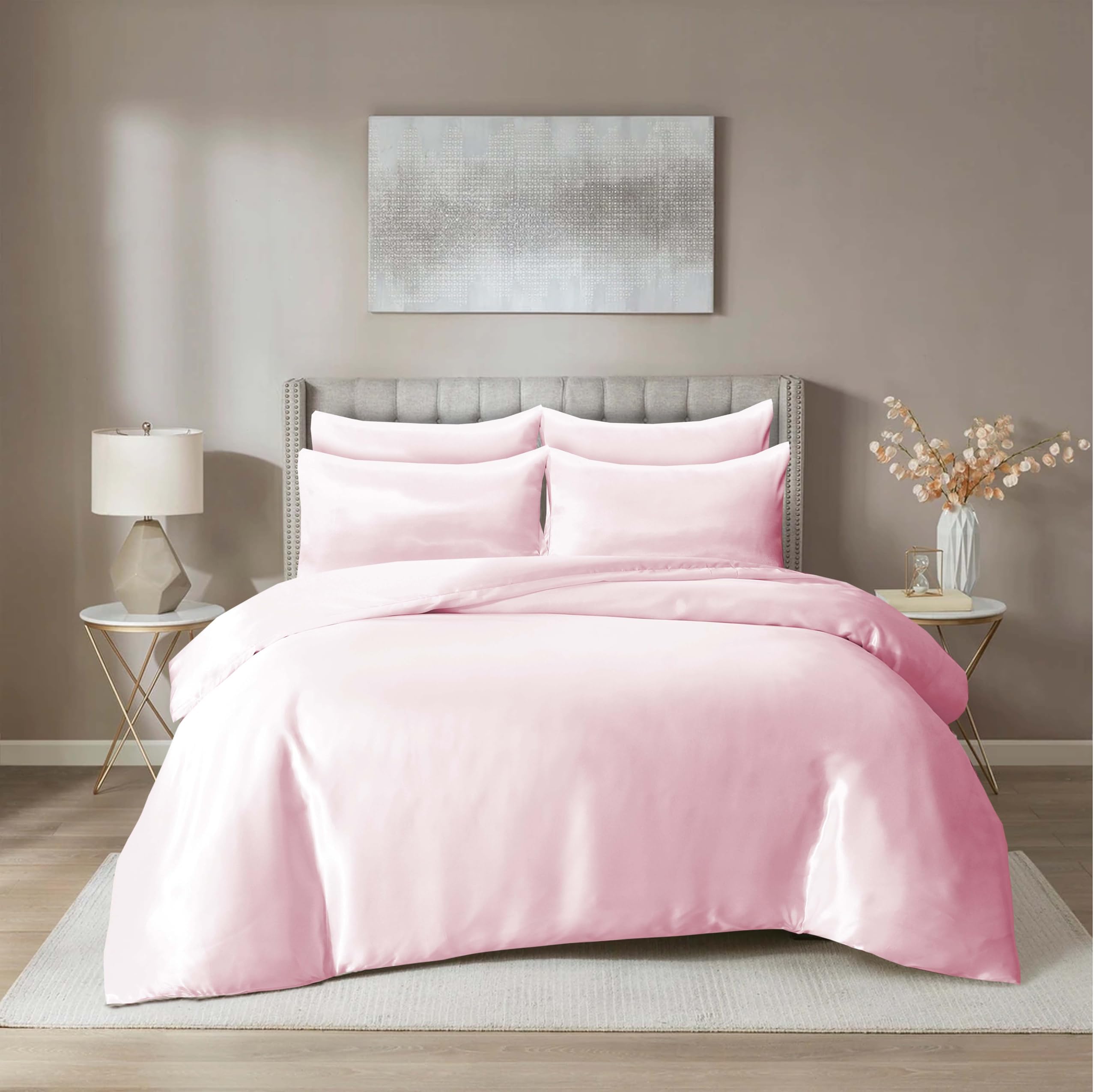 Satin Silk 6 Piece Complete Bedding Set with Silky Deep Fitted Sheet Reversible Duvet Cover Comforter & 4 Pillowcases for Single Double King Super King Size Bed (Baby-Pink, King)