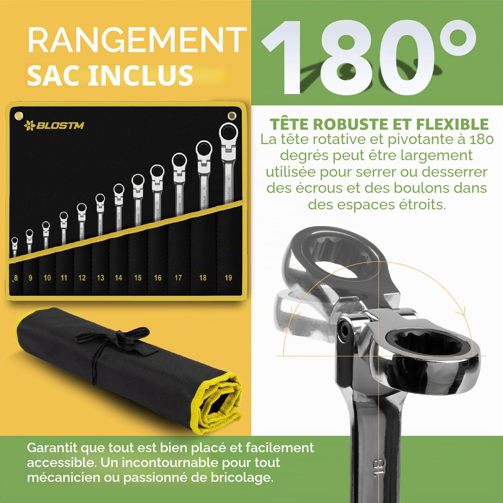 BLOSTM Jeu de clés à cliquet flexibles 8-19 mm | Tête flexible à 180°, pour bricolage et réparation - Avec pochette de rangement rétractable