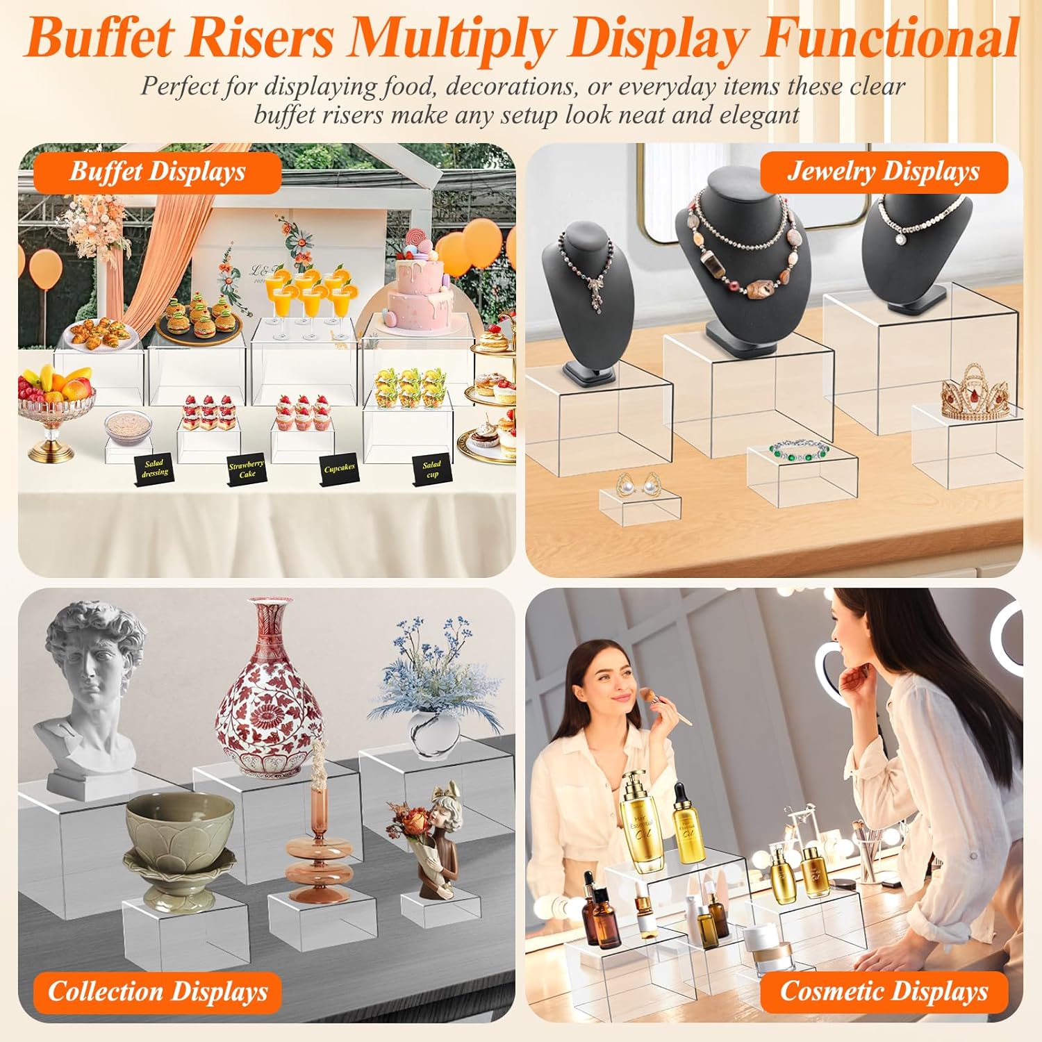 8 Pcs Clear Acrylic Buffet Risers with Mini Sign and Maker,Buffet Risers and Stands Clear Food Display Risers for Buffet Table Party Catering Dessert Cupcake Collectibles (8" 7" 6" 5" 5" 4" 4" 3")