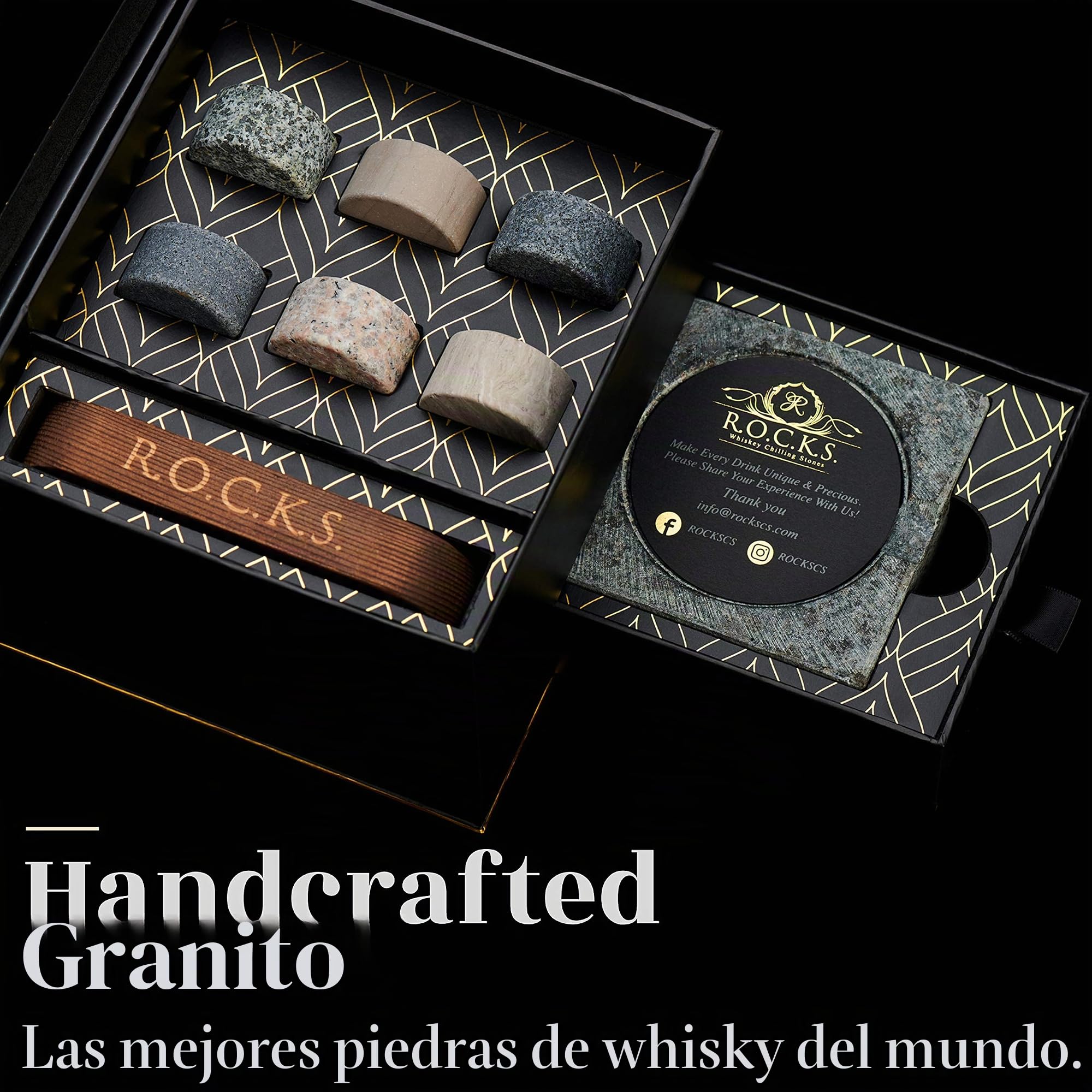 Juego de Regalo de Piedras de Whisky con Cortador de Puros y Cenicero - Bandeja de Presentación y Almacenamiento - Caja de Regalo de Papel de Oro de R.O.C.K.S.