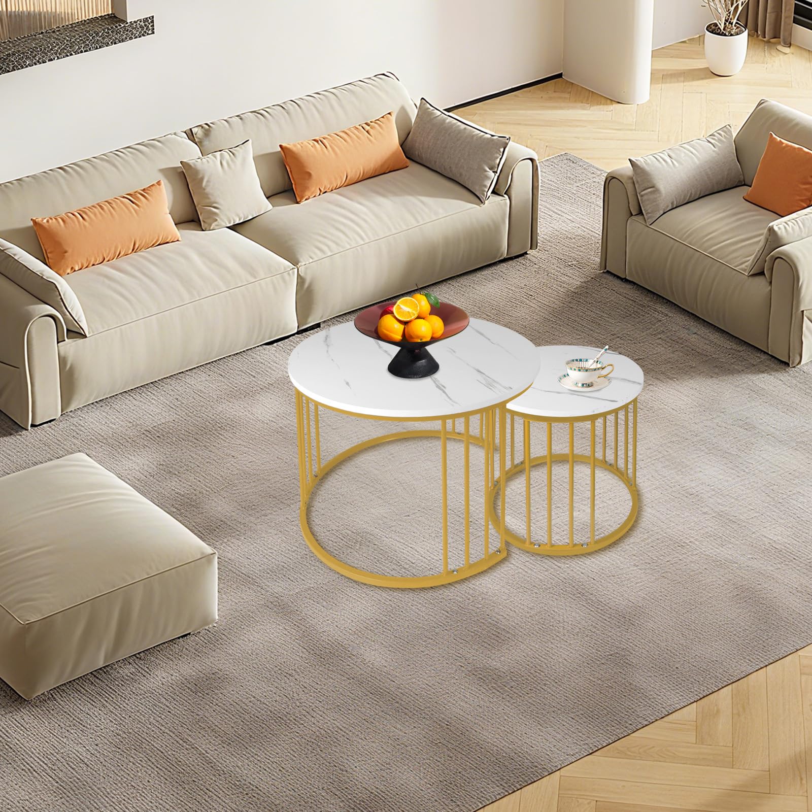 OHMG Set mit 2 Beistelltischen, rund, 70/50 cm, runder Beistelltisch, modernes Design, Wohnzimmertisch aus Marmor, mit Fuß aus Stahl (weißer Marmor + goldene Beine)