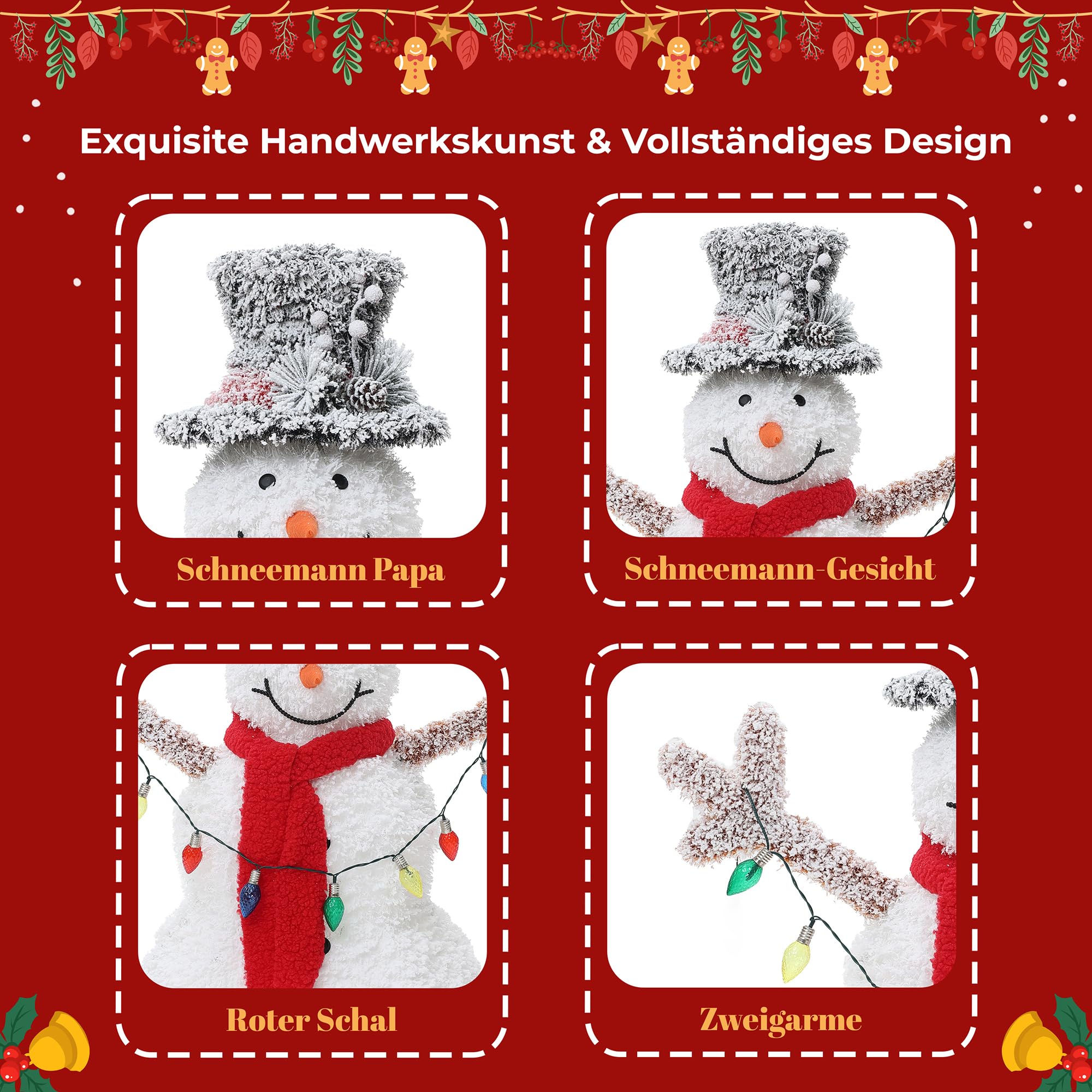 Hometopia LED Schneemann Deko mit Zylinderhut, Rotem Schal Leuchtende Weihnachtsfigur für Innen und Außen, Weihnachtsdeko